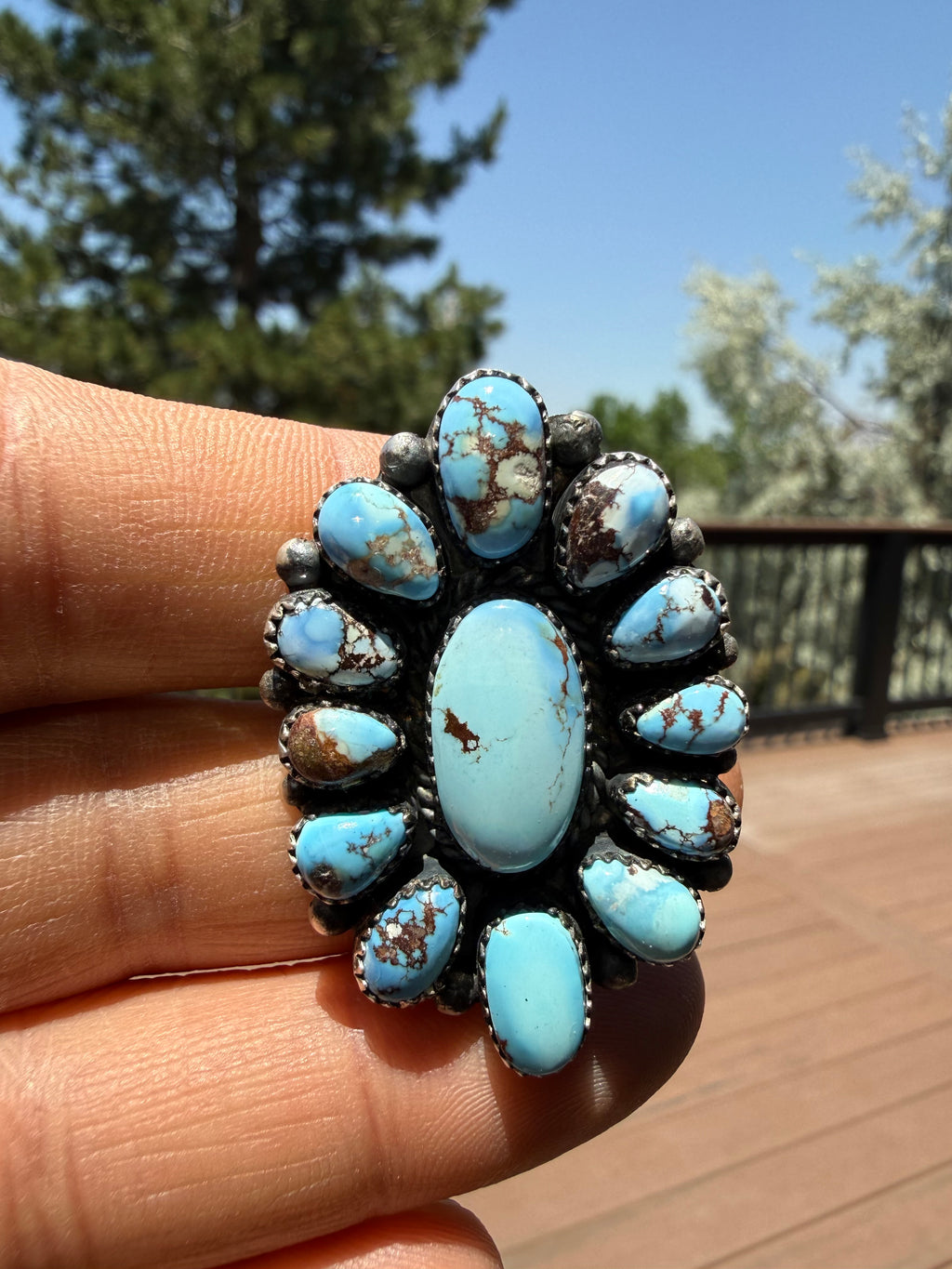 Annie Spencer Navajo Golden Hills Turquoise Cluster Ring Size Adjustable