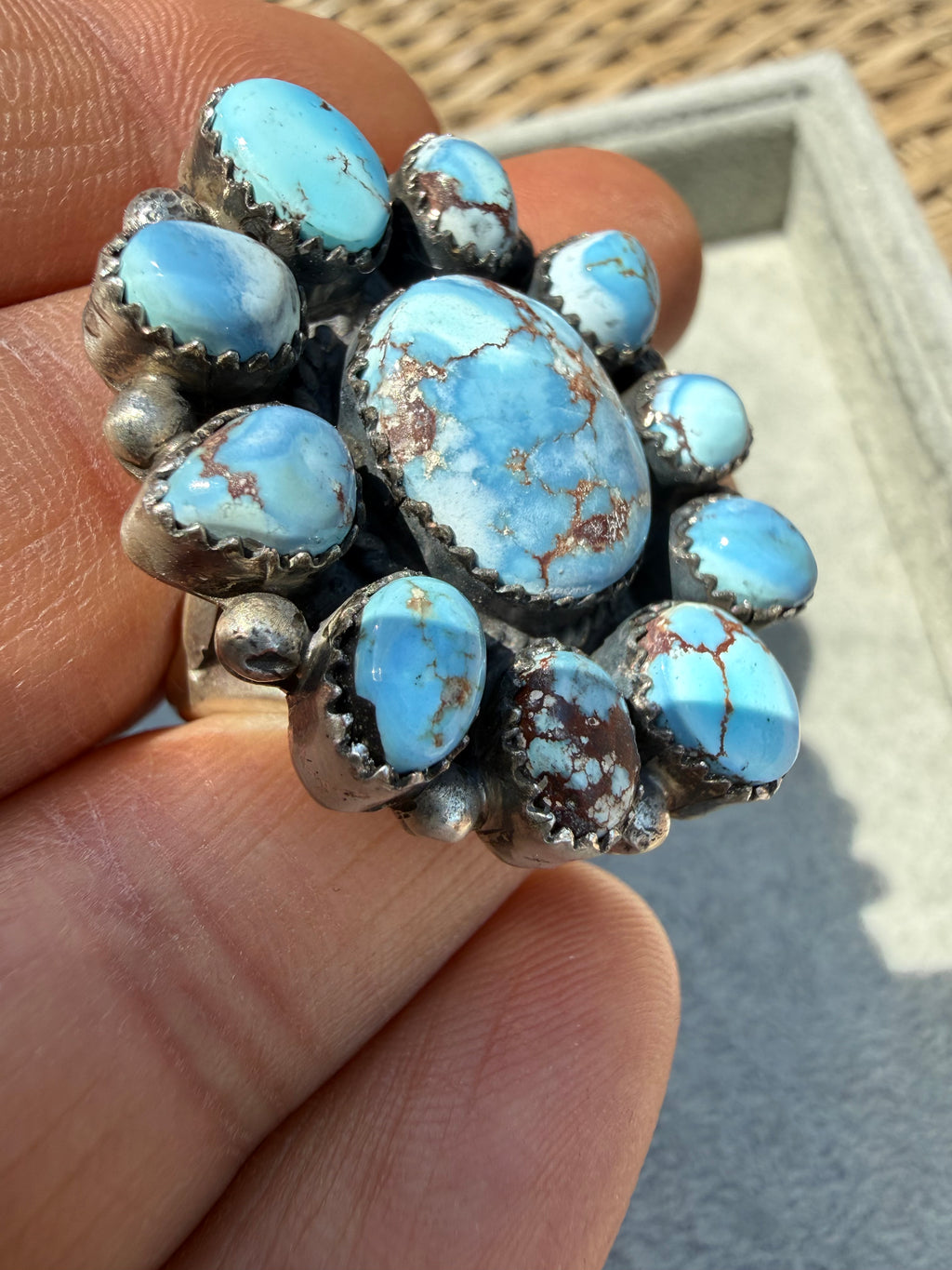 Annie Spencer Navajo Golden Hills Turquoise Cluster Ring Size Adjustable