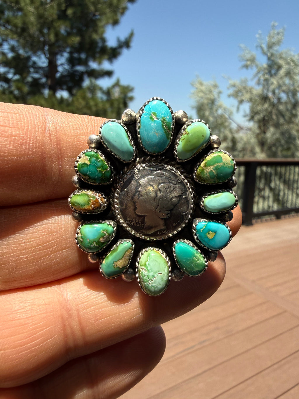 Annie Spencer Navajo Sonoran Gold Turquoise Dime Cluster Ring Size Adjustable