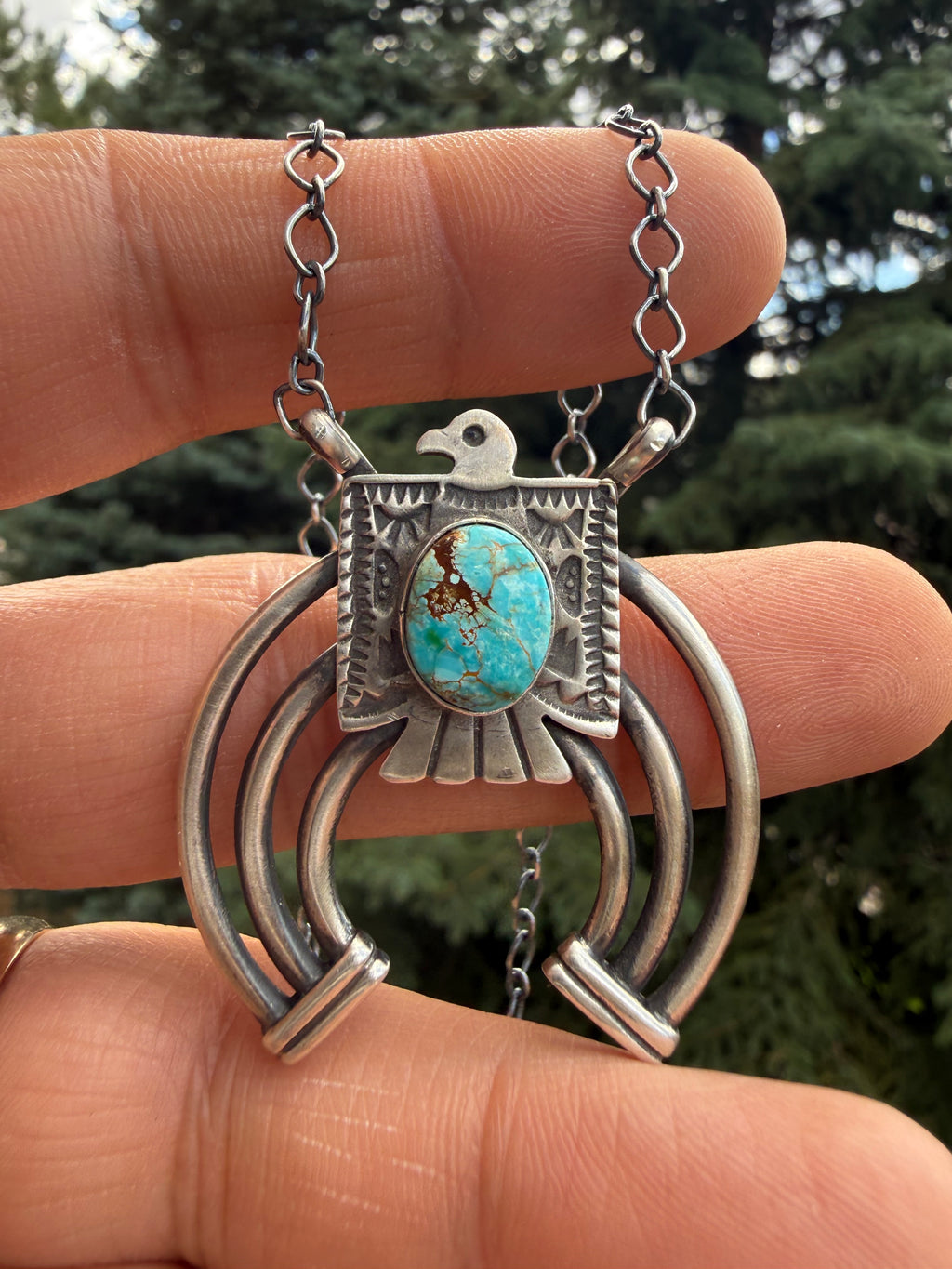 Jimmy Yazzie Sonoran Gold Turquoise Thunderbird Naja Necklace 18 inch