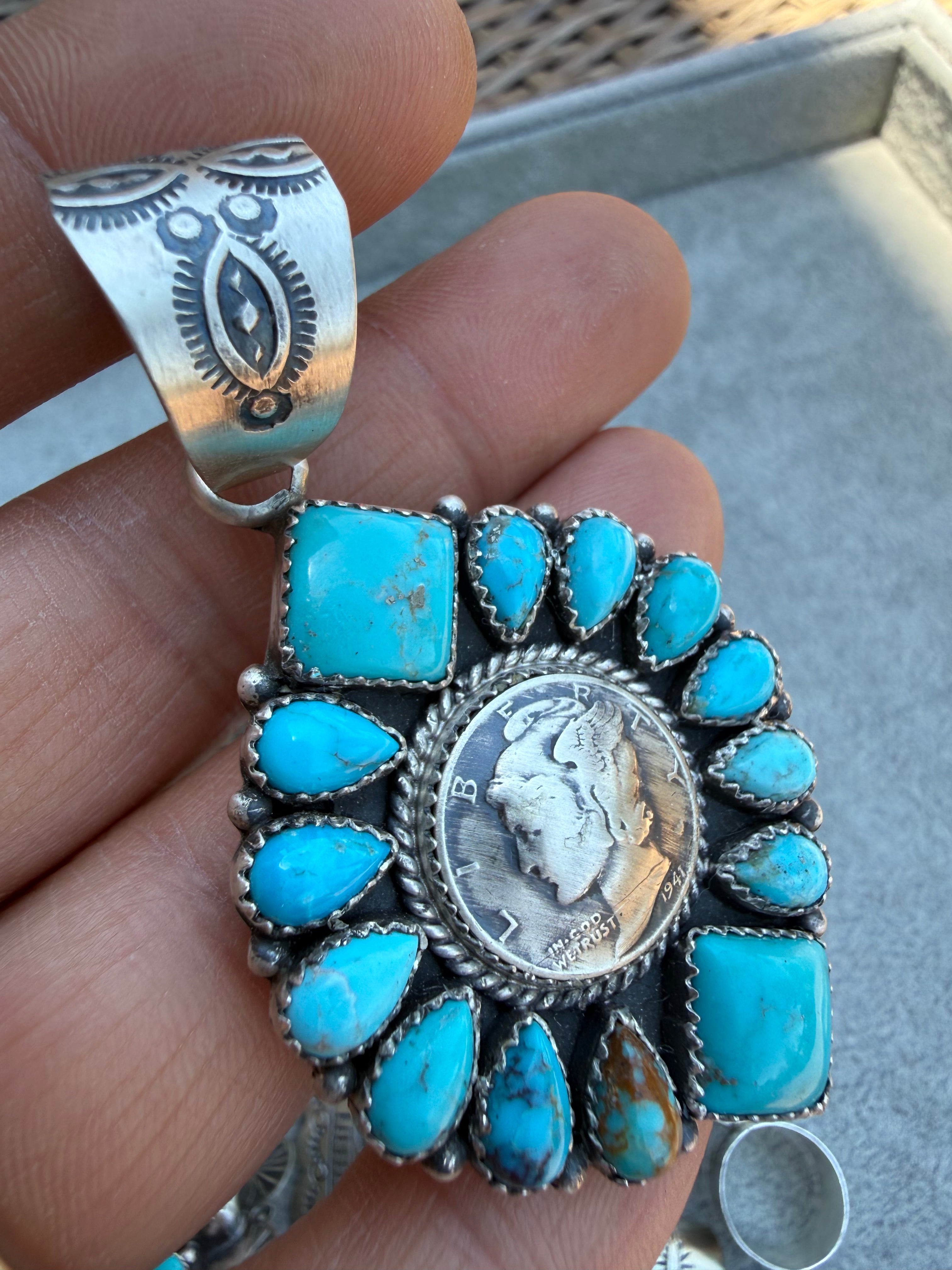 Annie Spencer Navajo Kingman Turquoise Dime Cluster Pendant