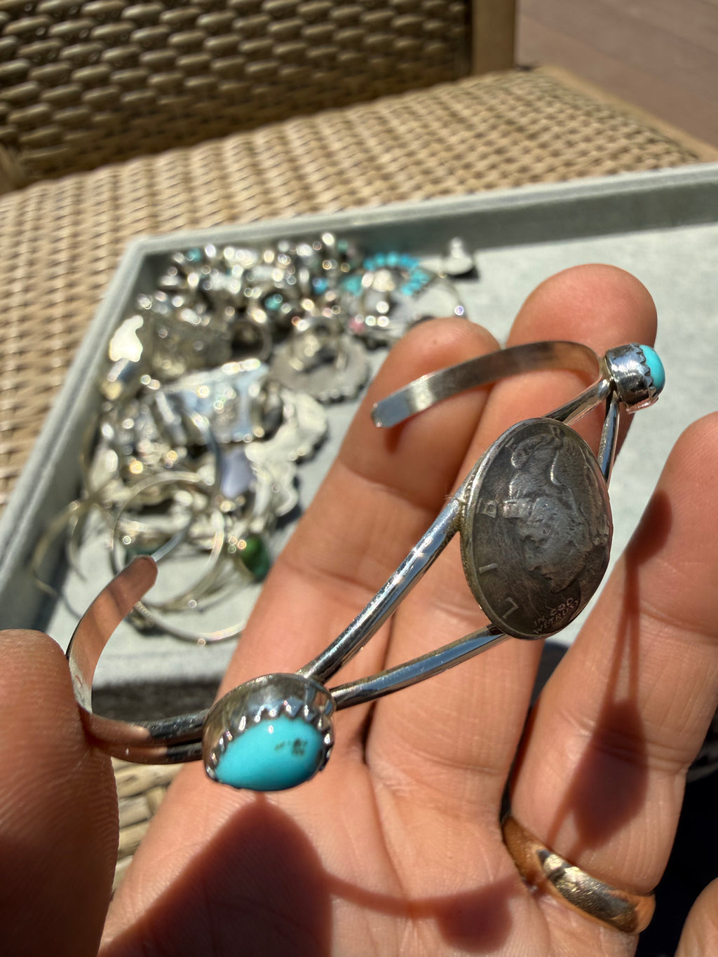 Keith Henry Navajo Sonoran Turquoise Dime Cuff Bracelet SZ 6.5
