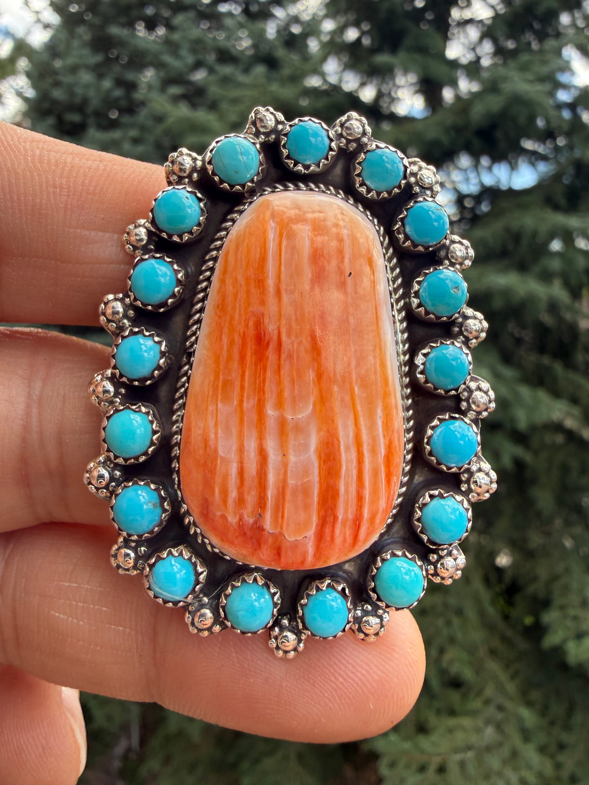 Darlene Begay Spiny Oyster Turquoise Cluster Ring Size 9