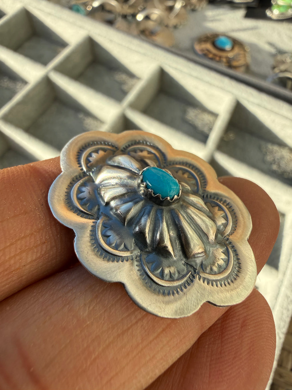Raymond Benally Navajo Sleeping Beauty Turquoise Concho Ring Adjustable