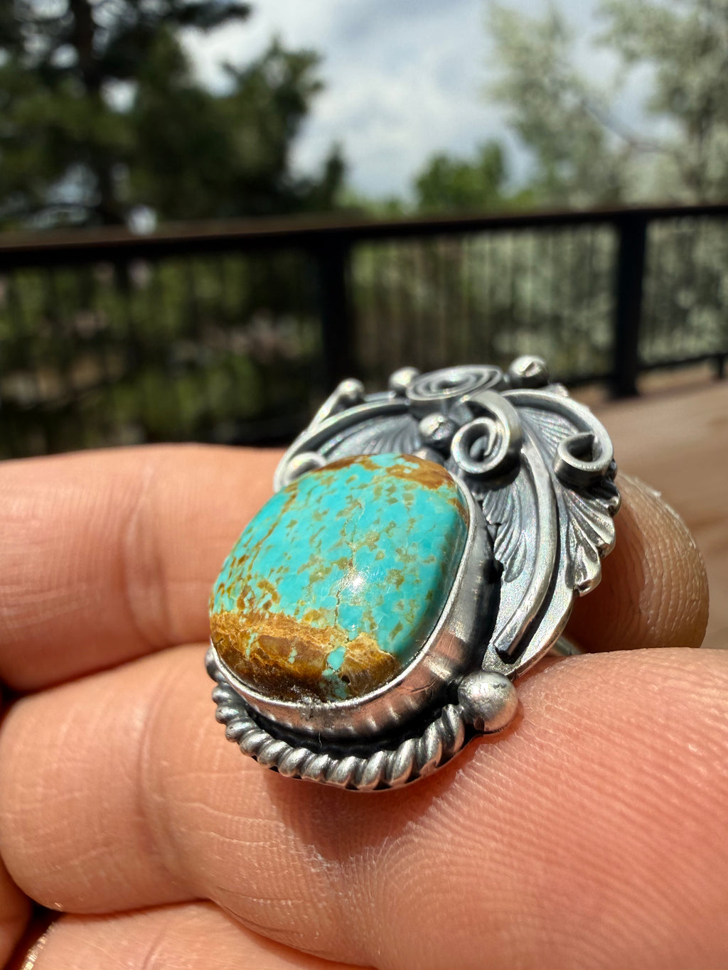 Jimmy Lee Navajo #8 Turquoise Feather Ring SZ Adjustable