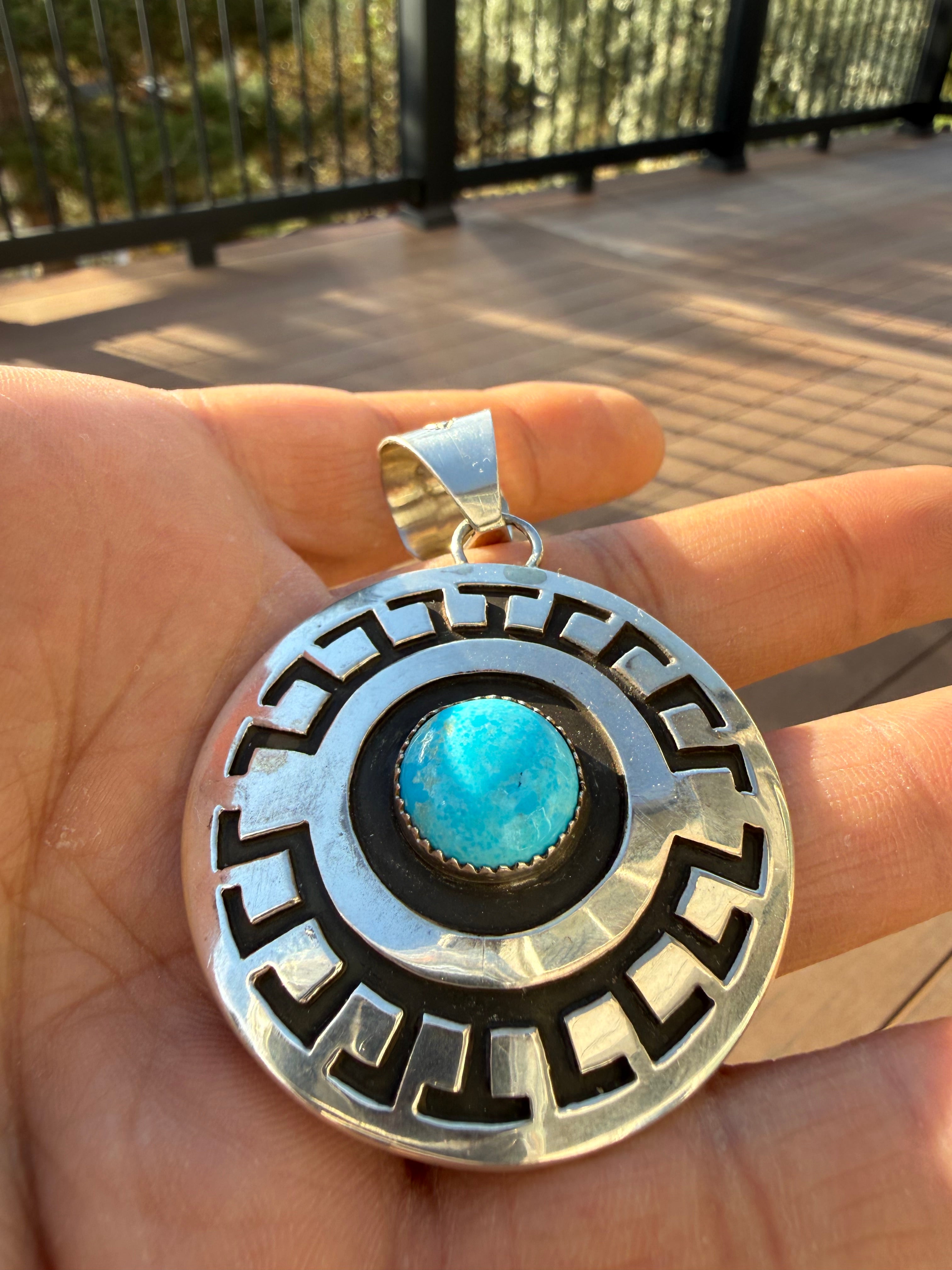 Rosco Scott Navajo Sonoran Blue Turquoise Concho Pendant