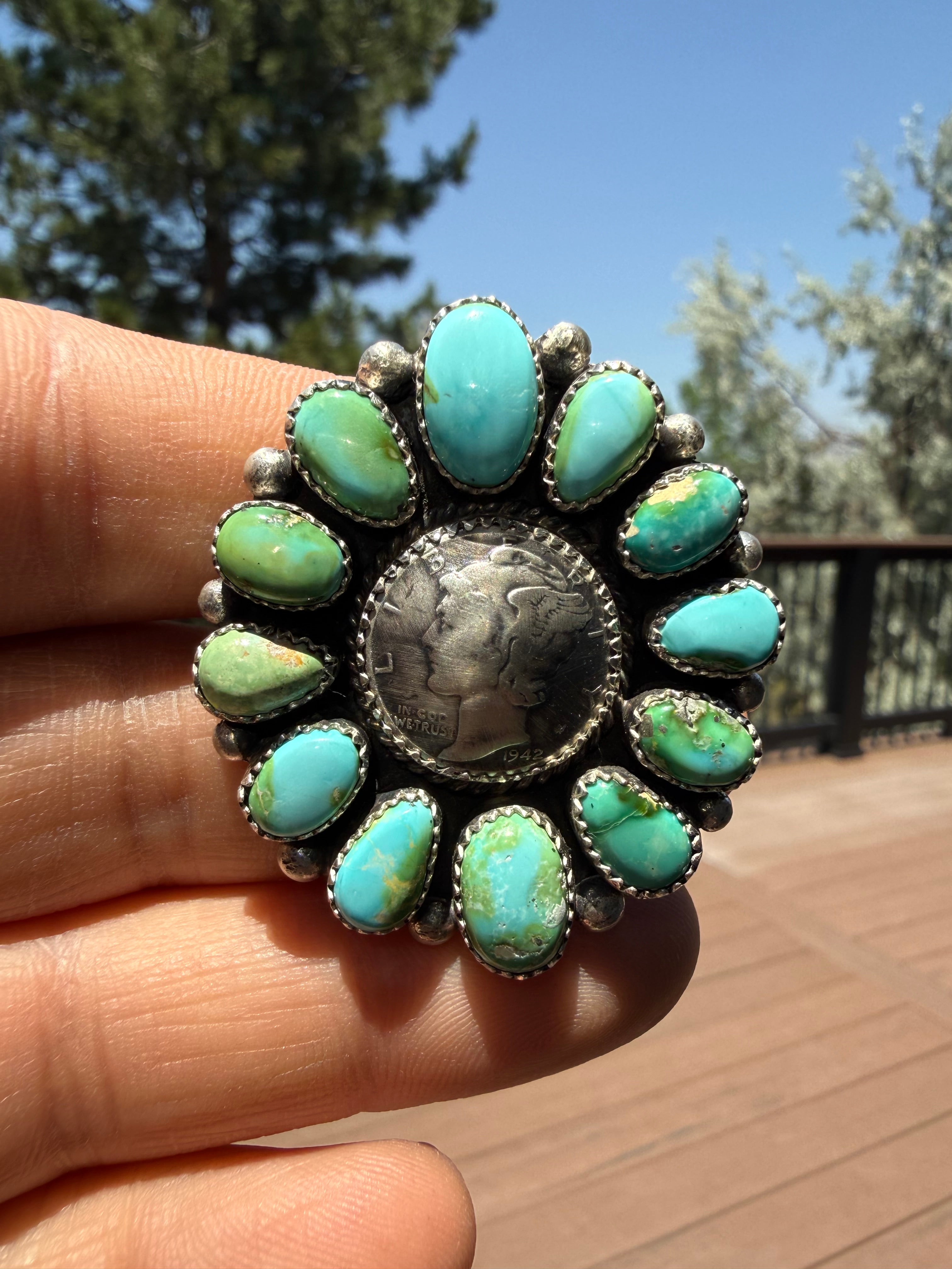 Annie Spencer Navajo Sonoran Gold Turquoise Dime Cluster Ring Size Adjustable