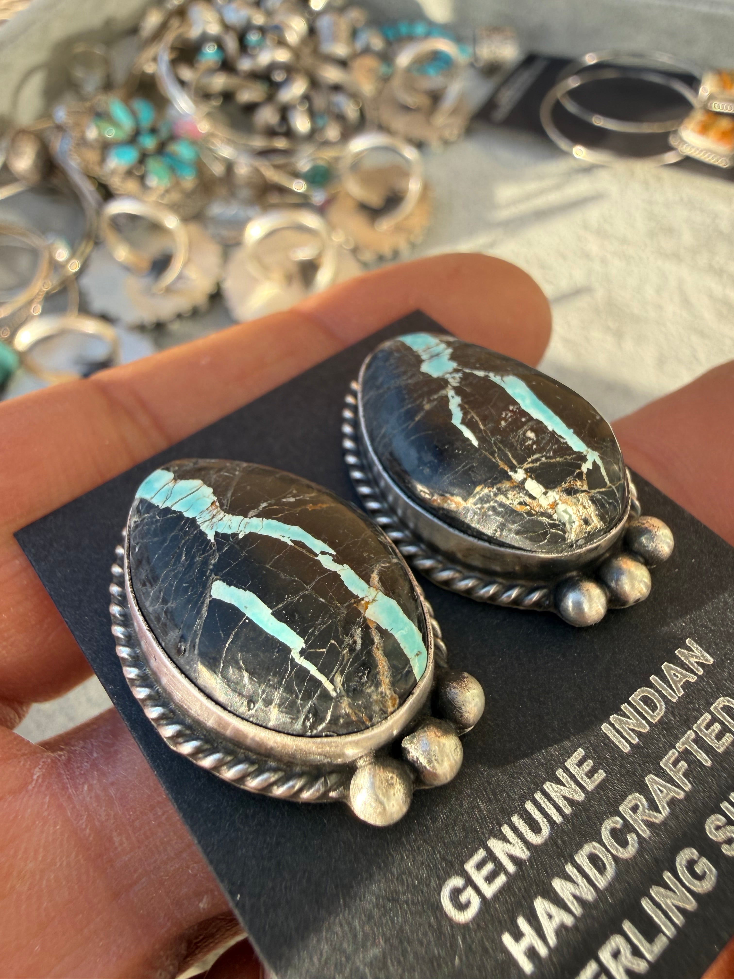 Johnny Dixon Navajo Nevada Blackjack Turquoise Earrings