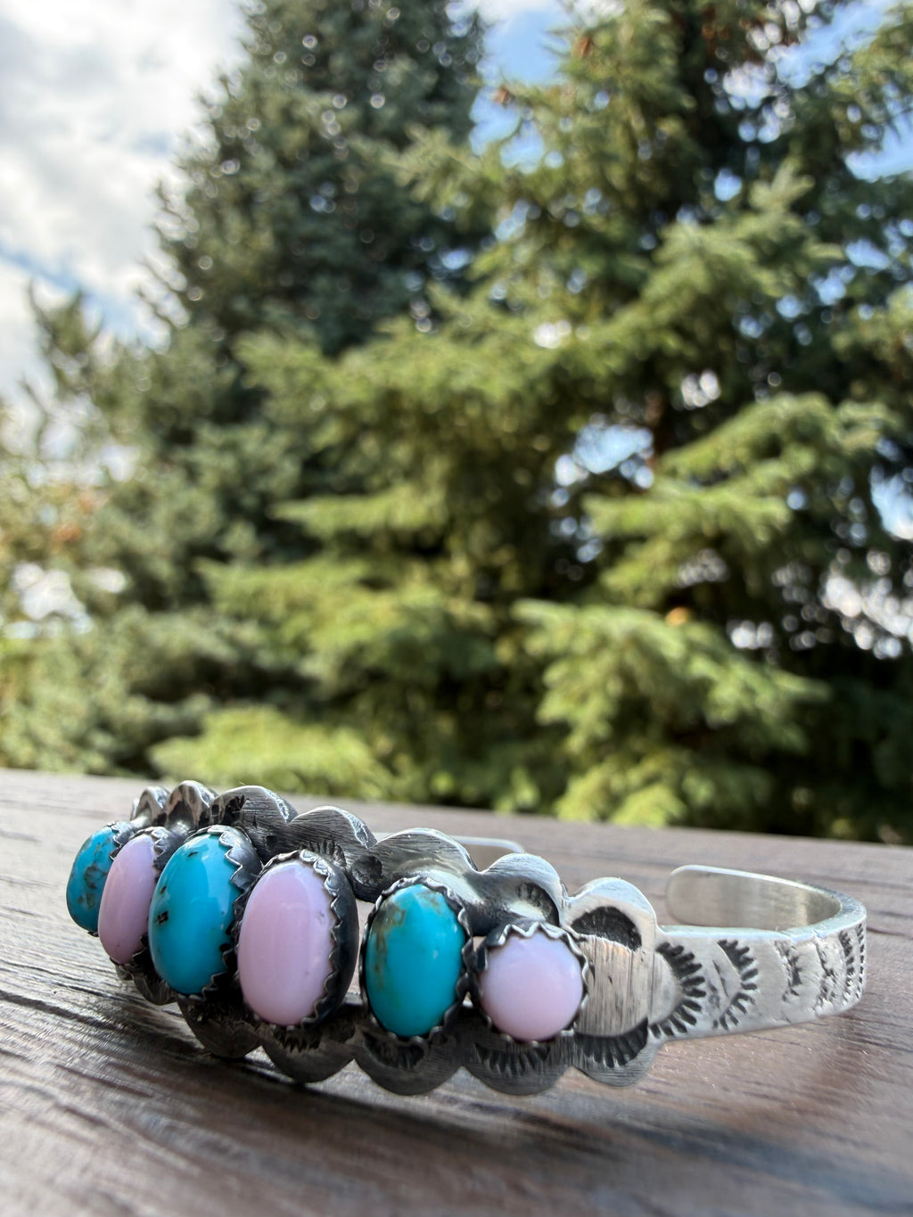 Russell Sam Navajo Turquoise & Pink Conch Cuff Size 6.5