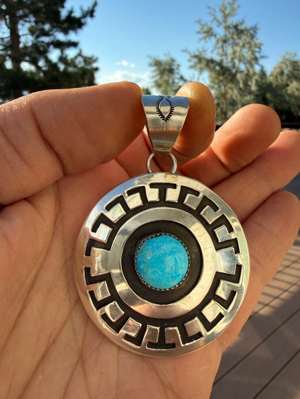 Rosco Scott Navajo Sonoran Blue Turquoise Concho Pendant