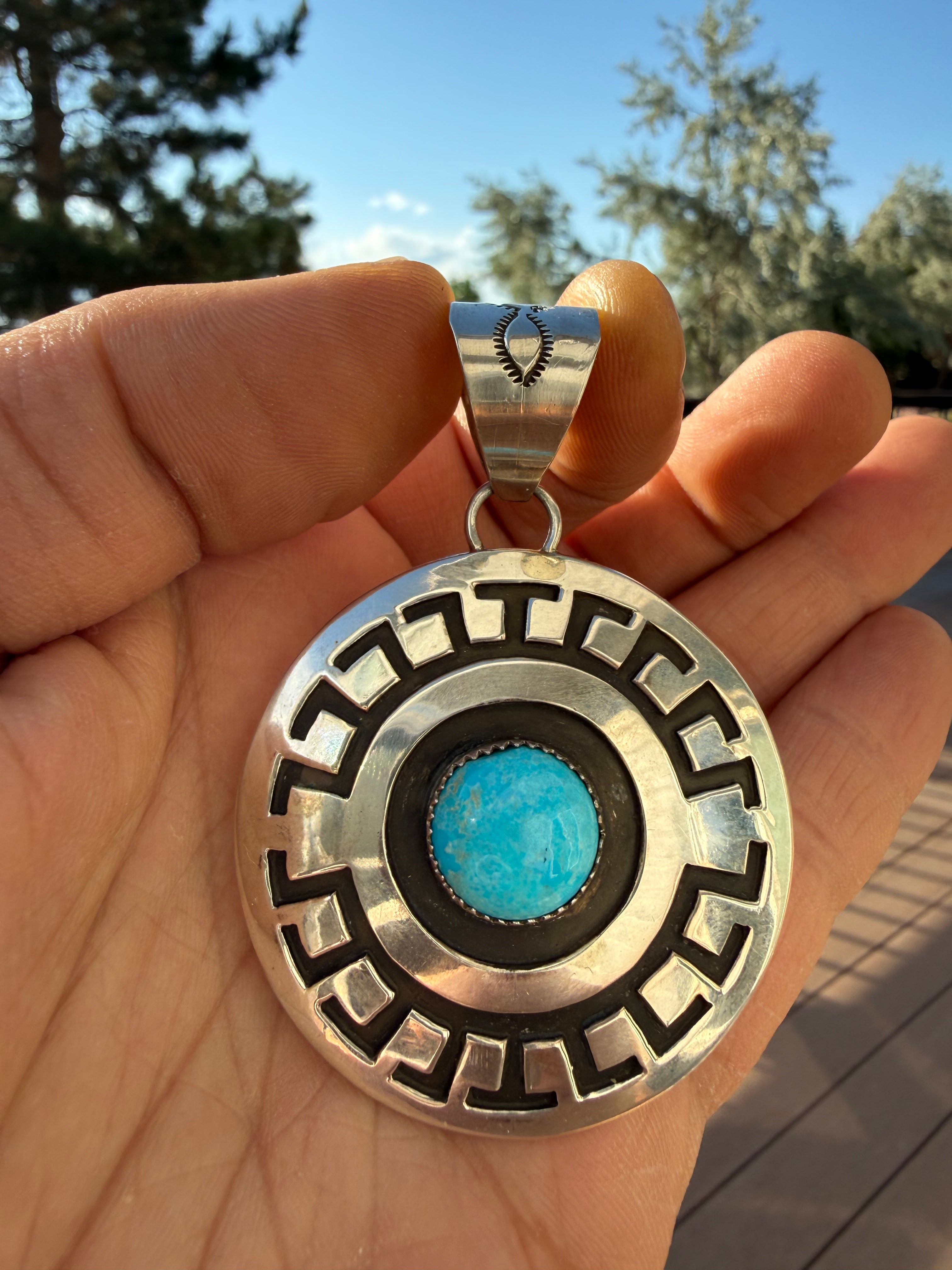 Rosco Scott Navajo Sonoran Blue Turquoise Concho Pendant