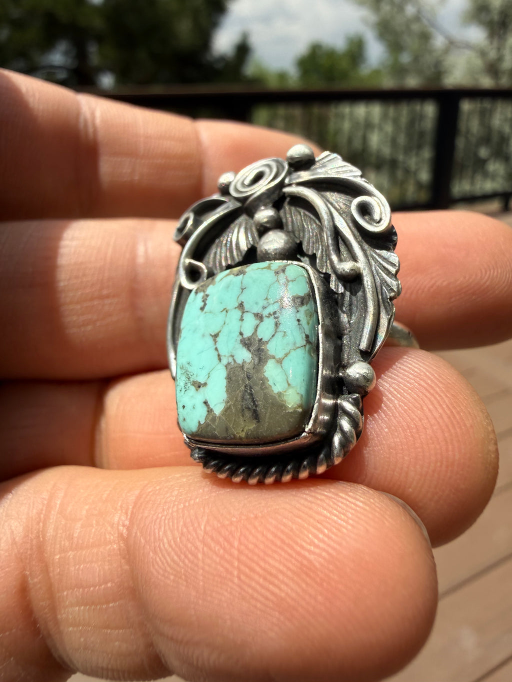 Jimmy Lee Navajo #8 Turquoise Feather Ring SZ Adjustable