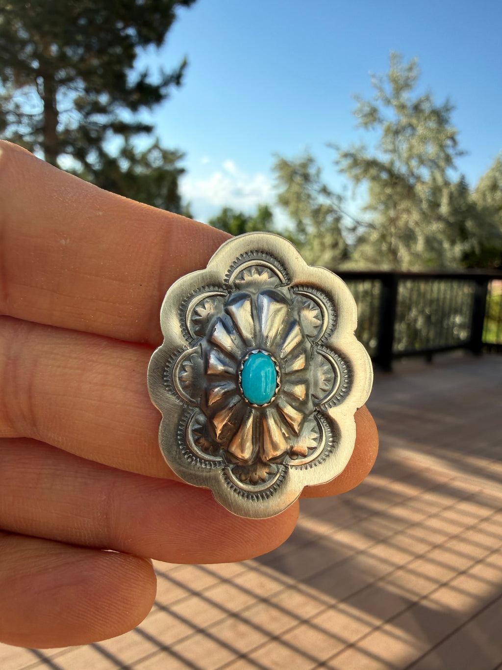 Raymond Benally Navajo Sleeping Beauty Turquoise Concho Ring Adjustable