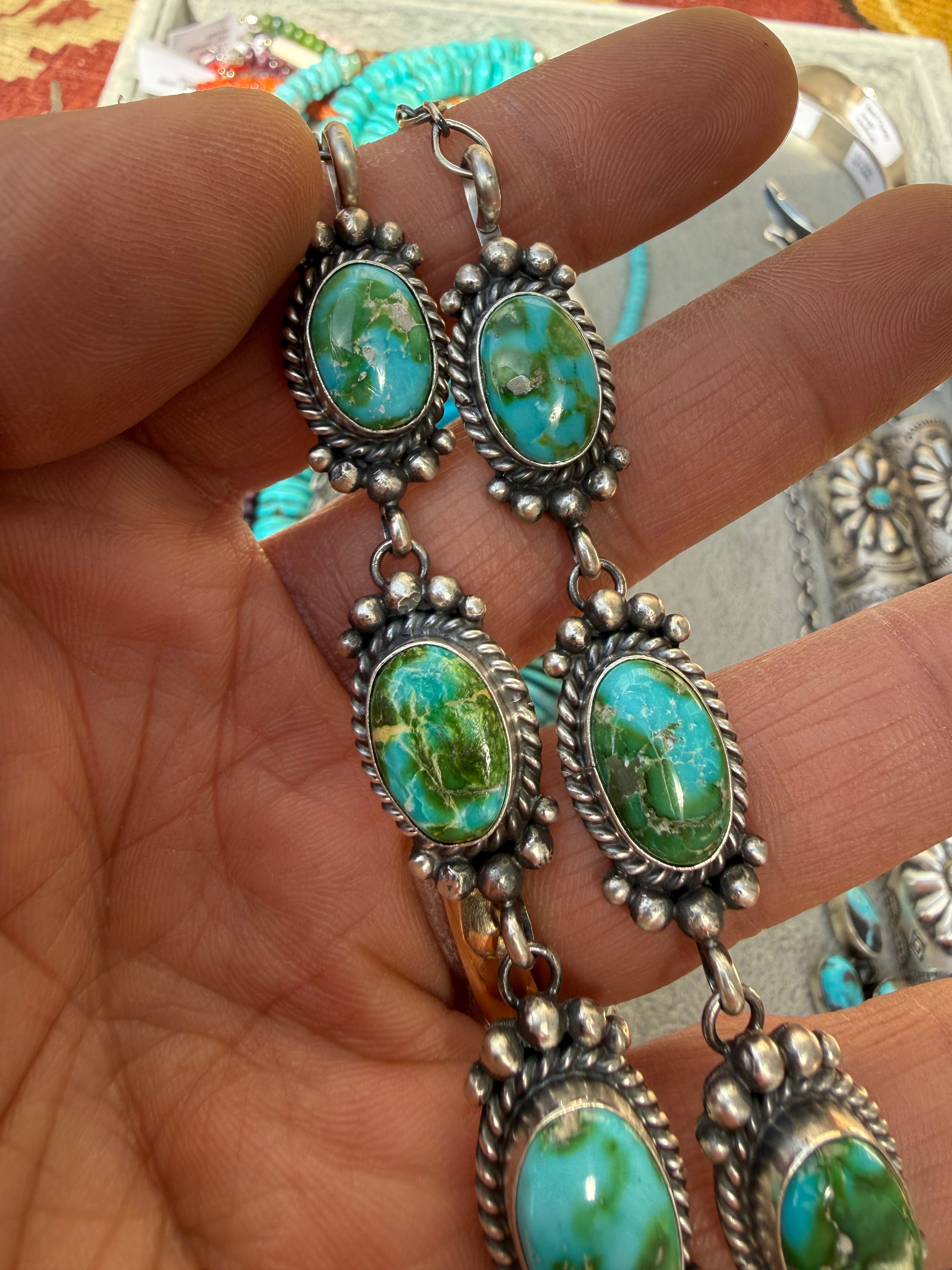 Mary Ann Spencer Navajo Sonoran Gold Turquoise Lariat Necklace & Earrings 26”