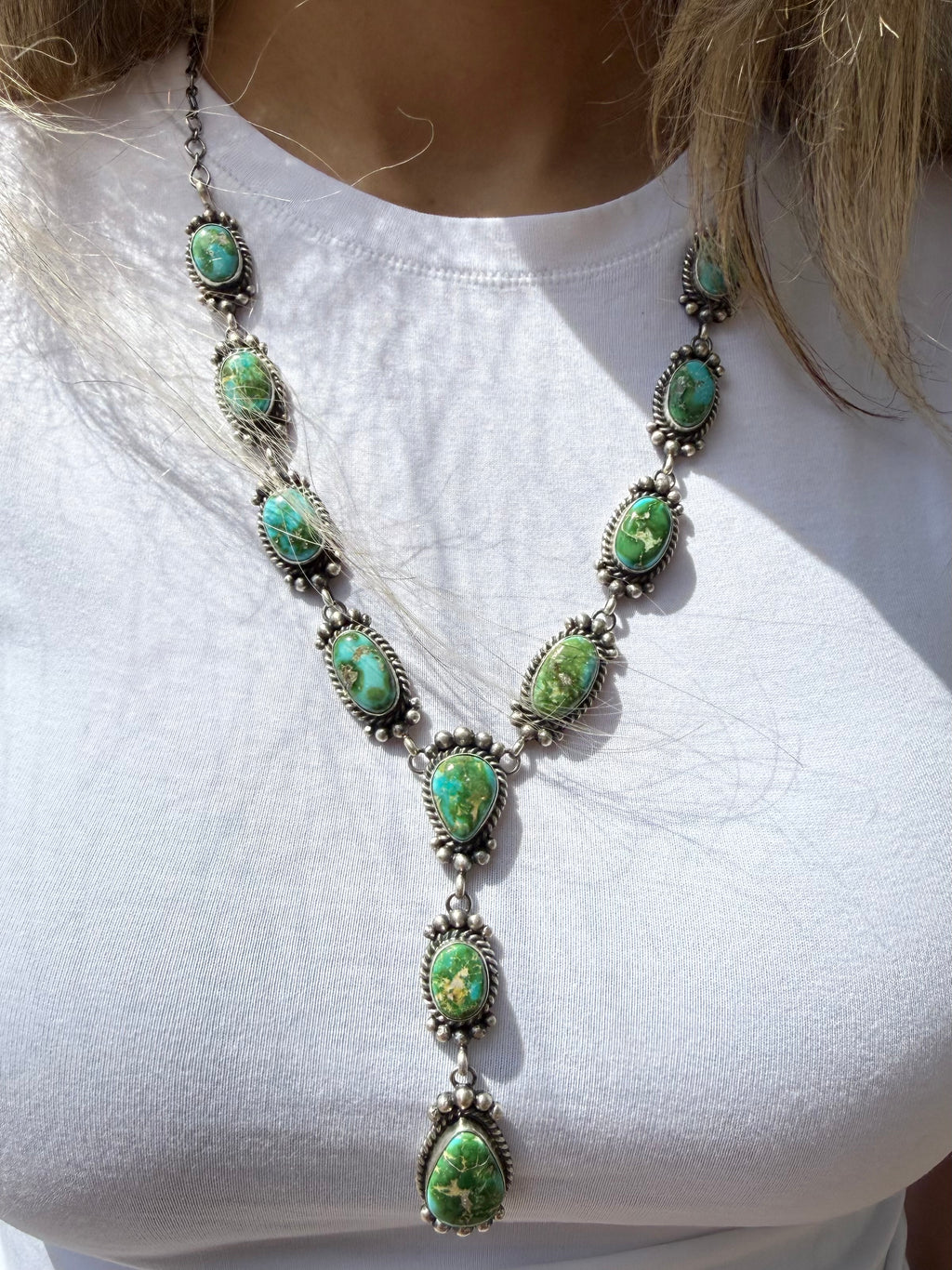 Mary Ann Spencer Navajo Sonoran Gold Turquoise Lariat Necklace & Earrings 26”