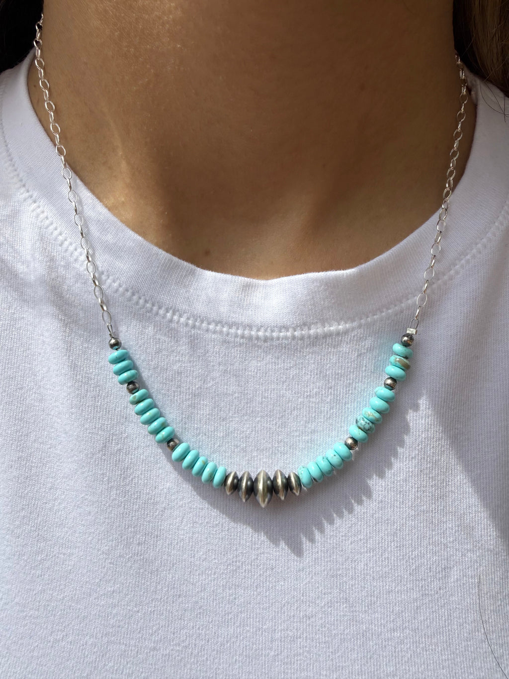 Meranda Thompson Navajo #8 Turquoise & Handmade Navajo Pearl Stacker Necklace 18”
