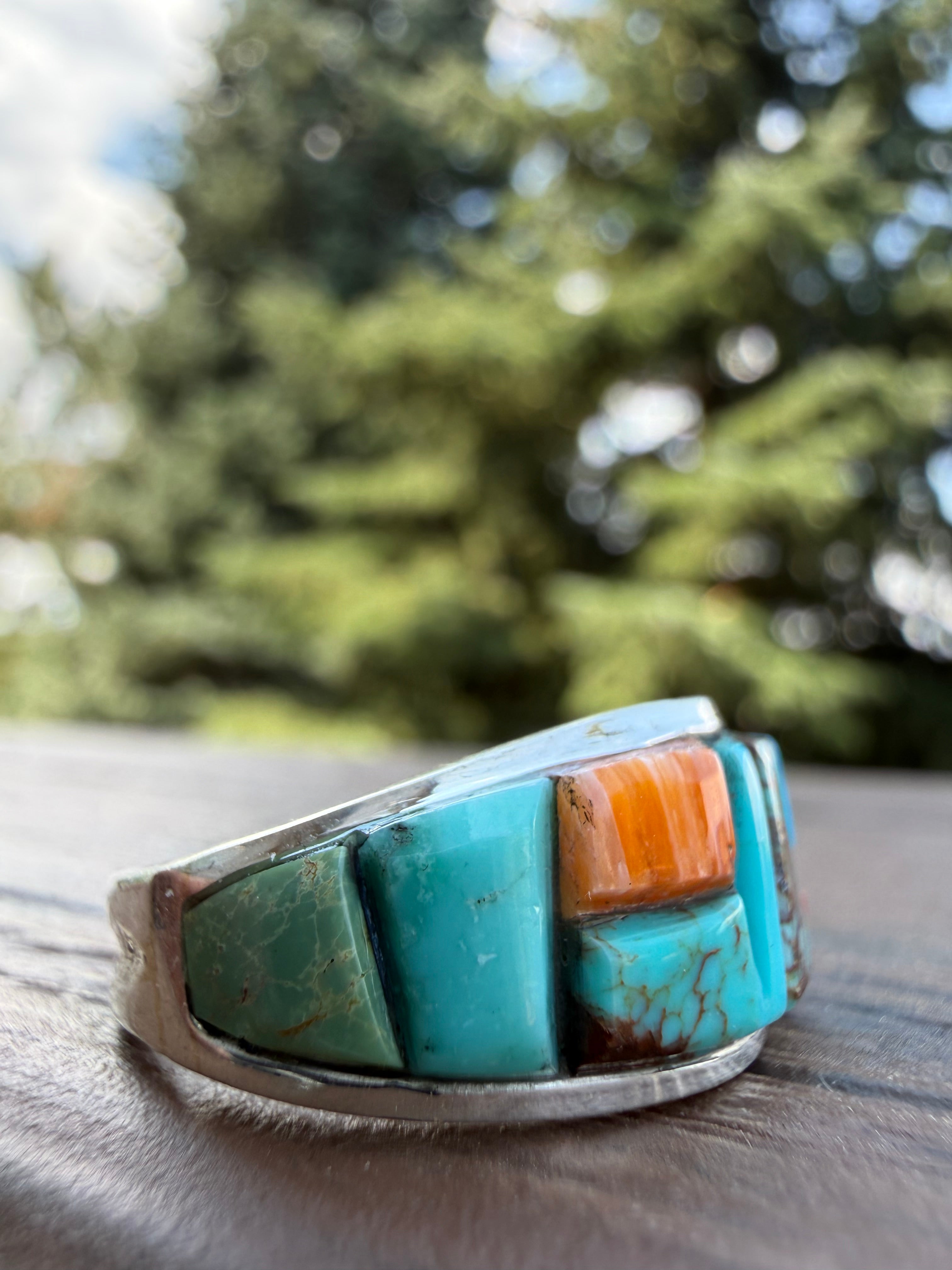 Edison Yazzie Navajo Multi Natural Gemstone Inlaid Ring Size