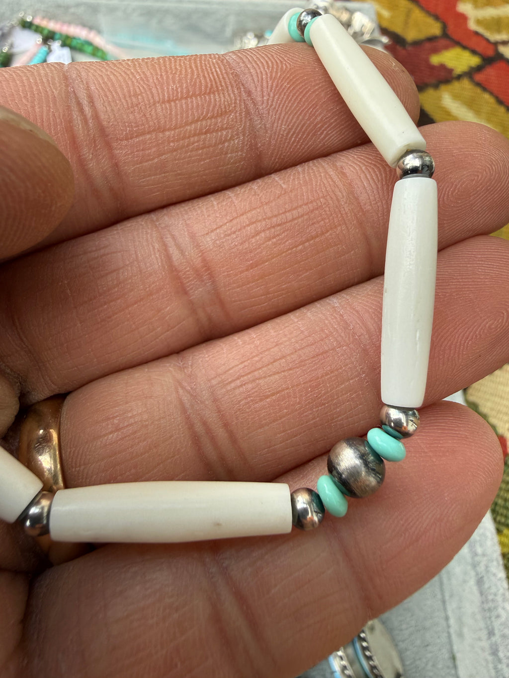 Kimberly Tom Navajo Natural Bone & Turquoise Necklace 17.5”