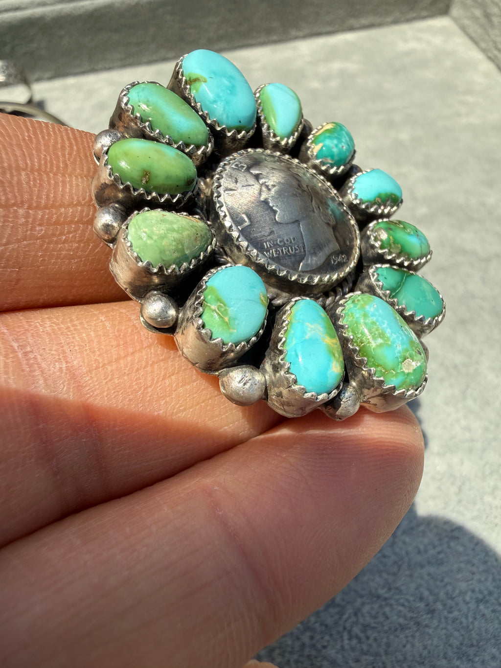 Annie Spencer Navajo Sonoran Gold Turquoise Dime Cluster Ring Size Adjustable