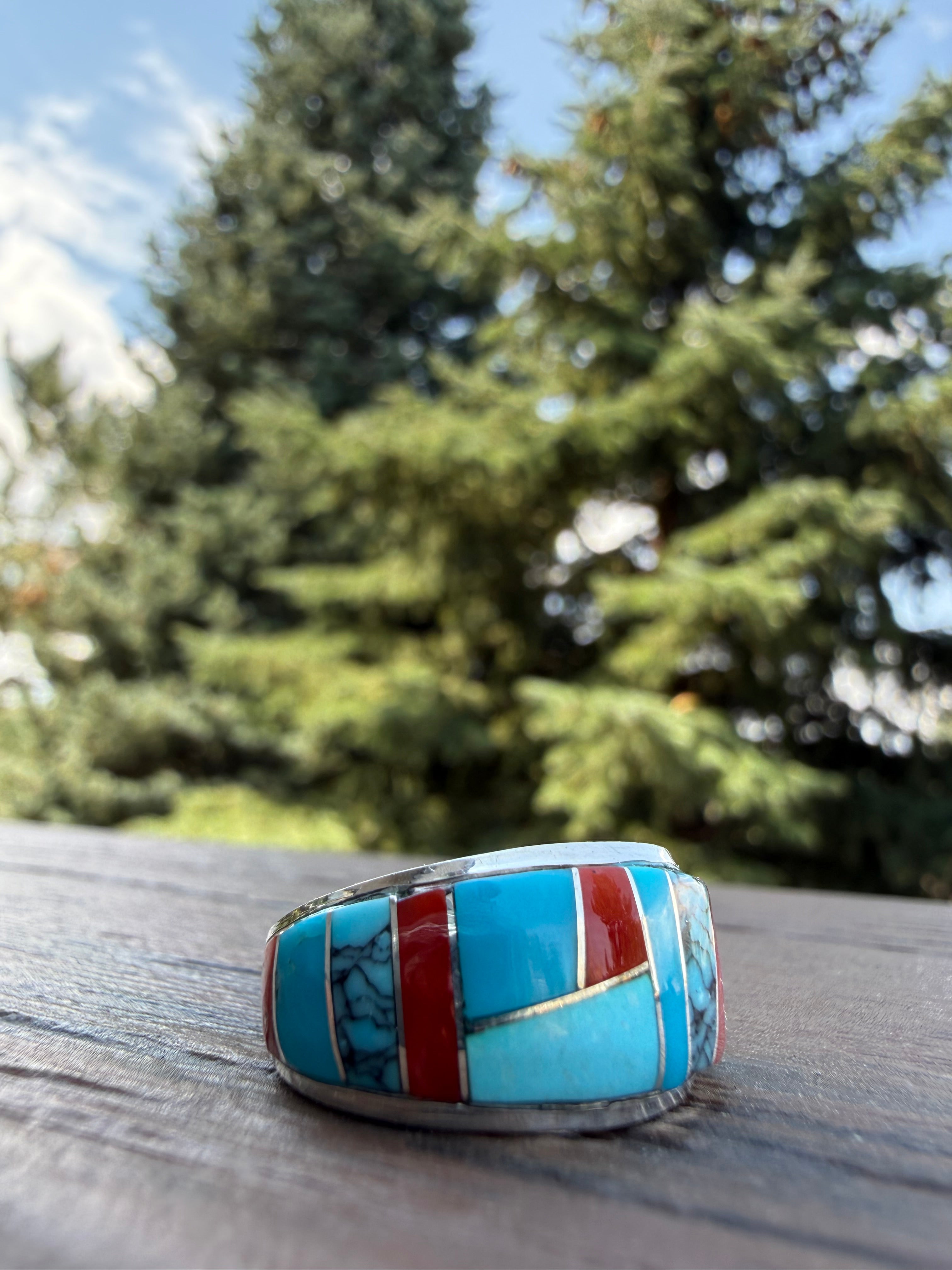 Edison Yazzie Navajo Multi Natural Gemstone Inlaid Ring Size