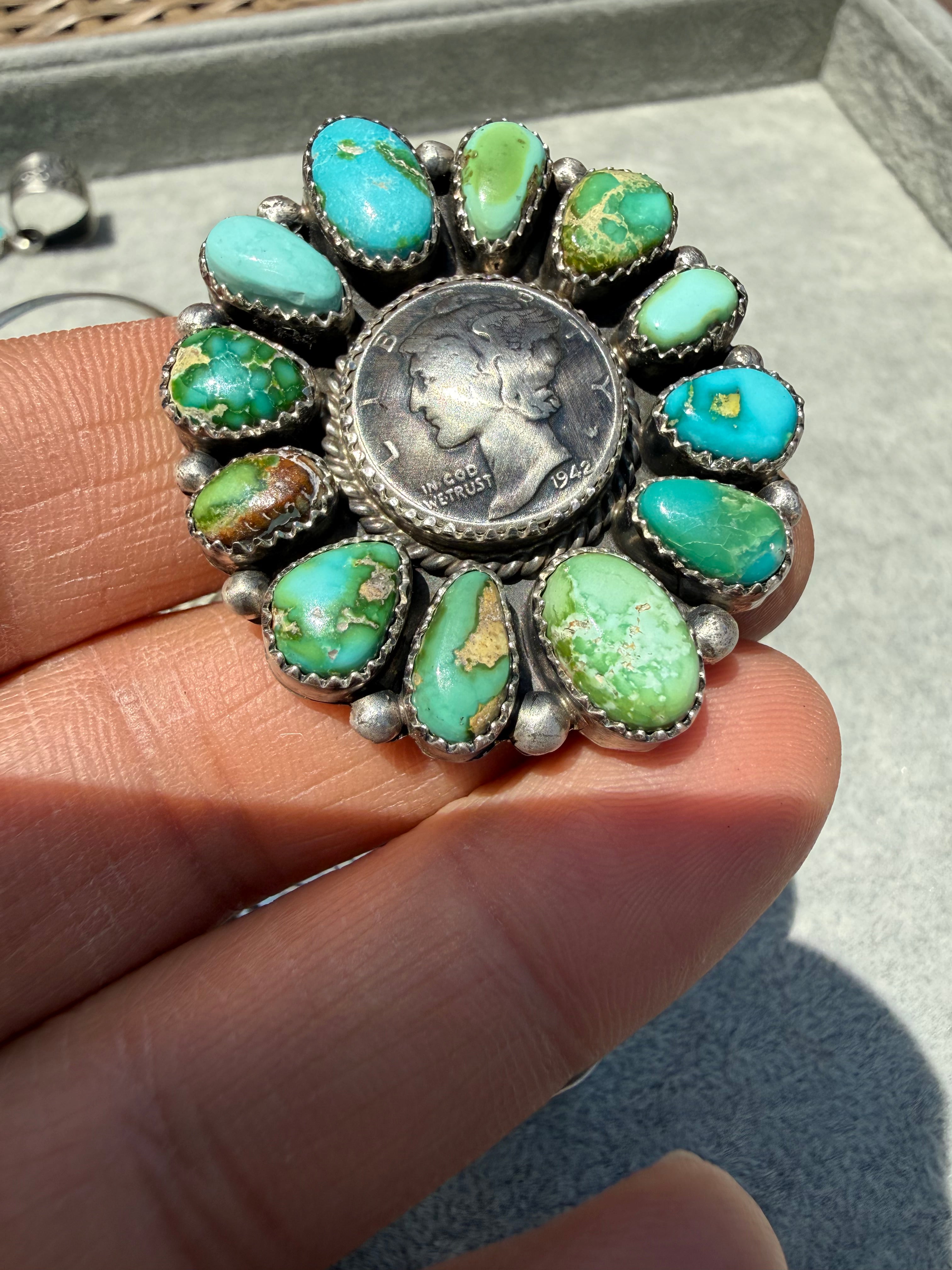 Annie Spencer Navajo Sonoran Gold Turquoise Dime Cluster Ring Size Adjustable