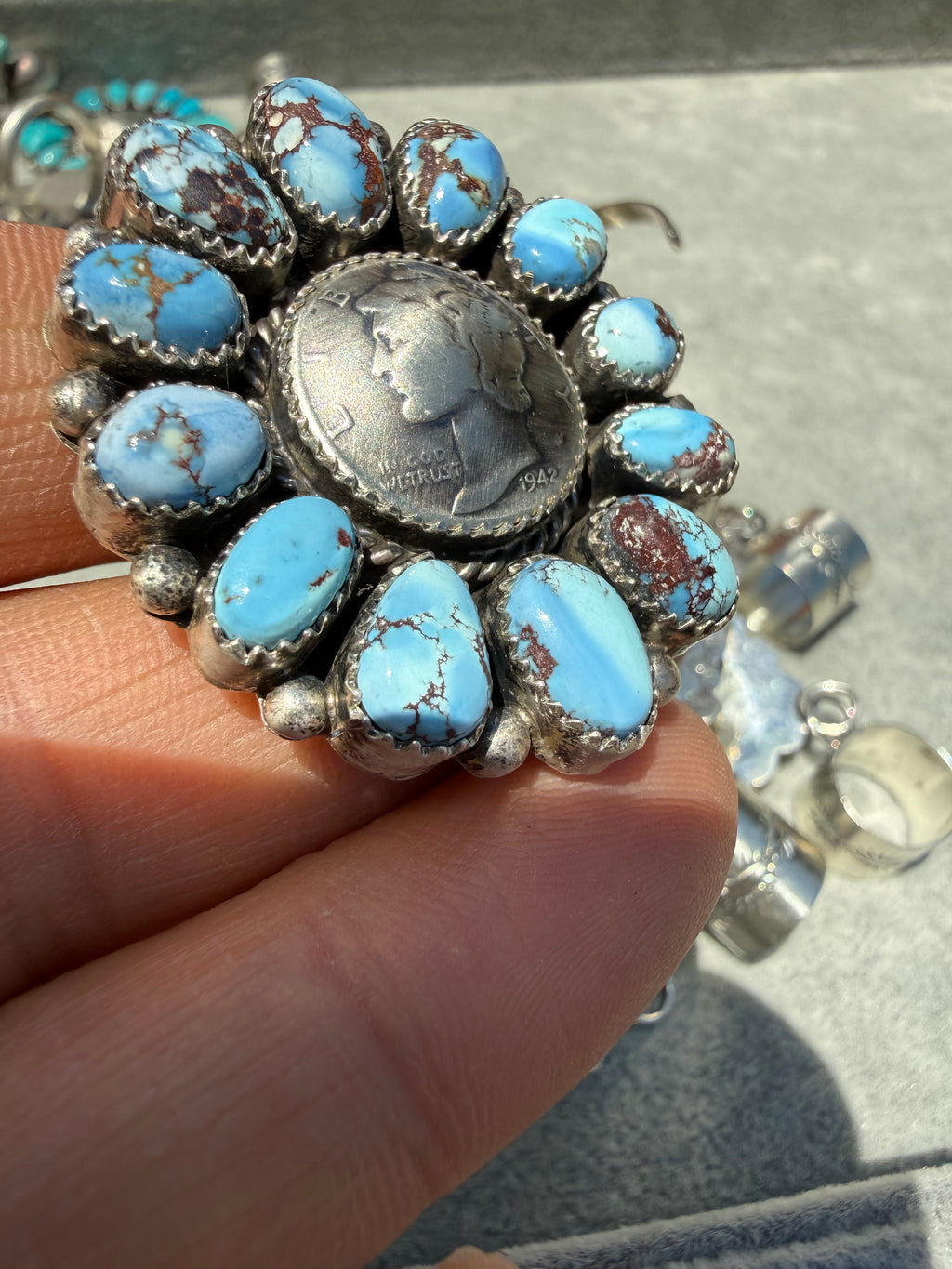 Annie Spencer Navajo Golden Hills Turquoise Dime Cluster Ring Size Adjustable