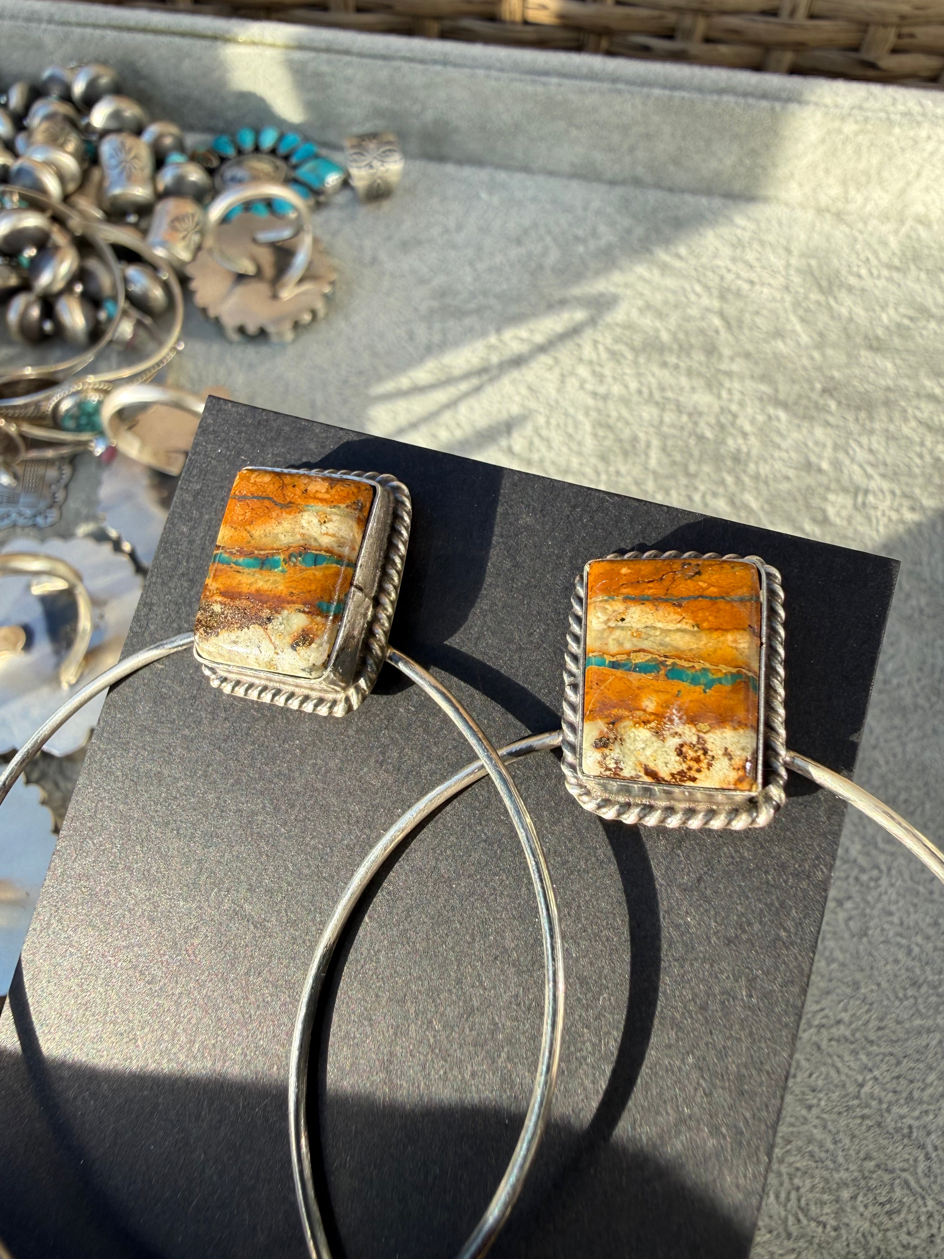 Elouise Kee Navajo Royston Ribbon Turquoise Hoop Earrings
