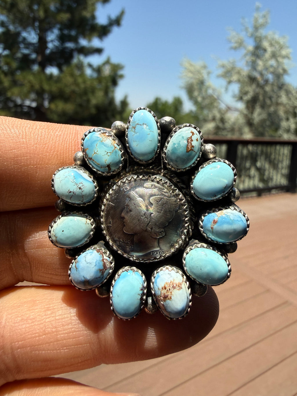 Annie Spencer Navajo Golden Hills Turquoise Dime Cluster Ring Size Adjustable