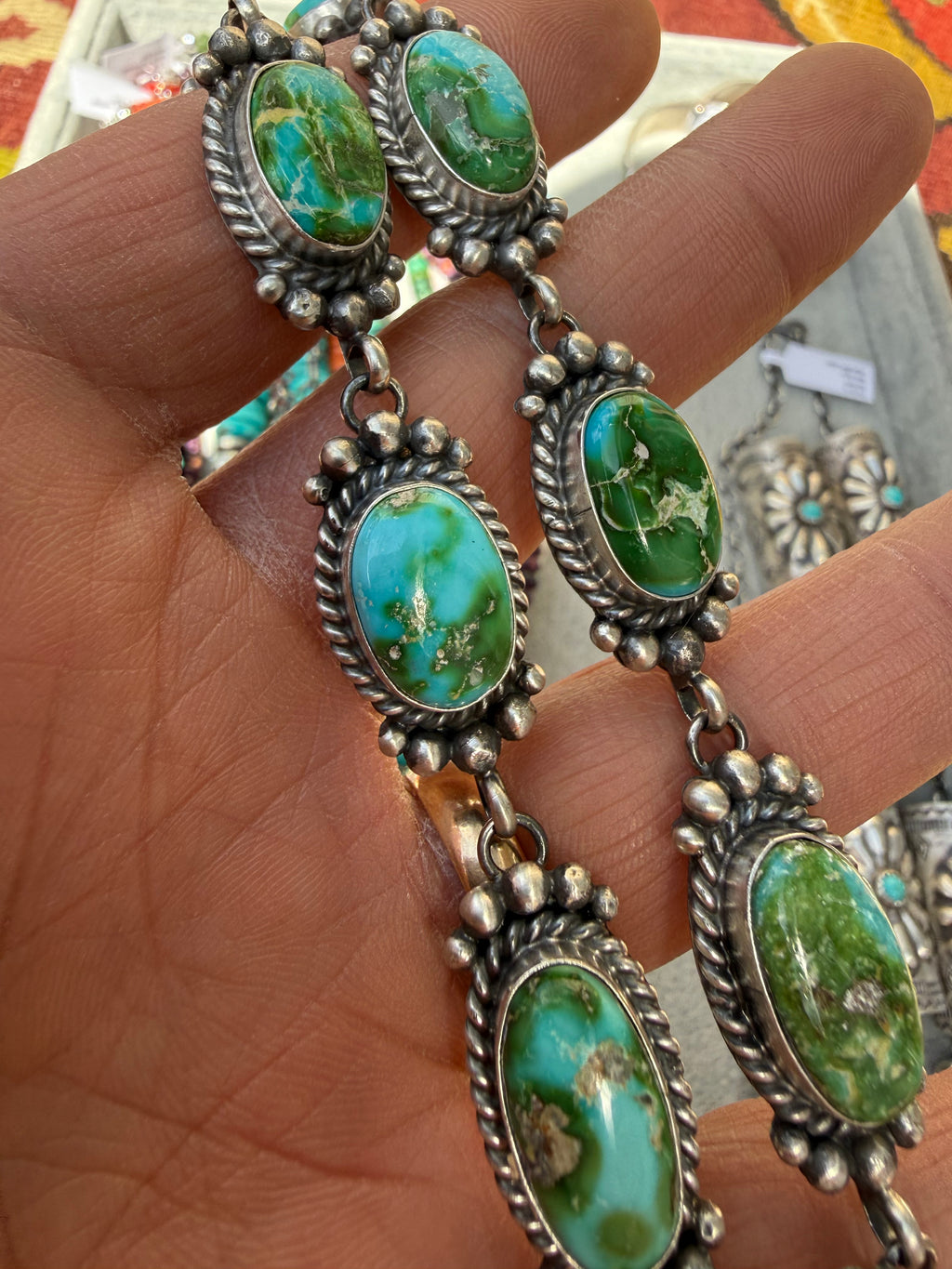 Mary Ann Spencer Navajo Sonoran Gold Turquoise Lariat Necklace & Earrings 26”