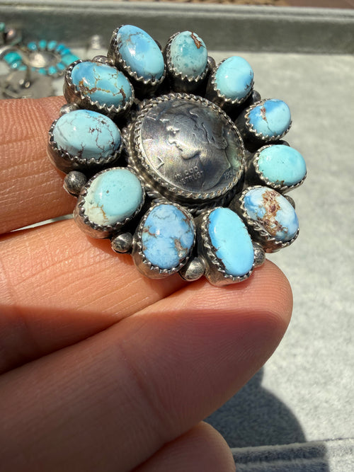 Annie Spencer Navajo Golden Hills Turquoise Dime Cluster Ring Size Adjustable