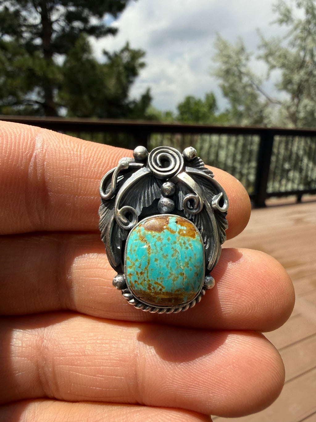 Jimmy Lee Navajo #8 Turquoise Feather Ring SZ Adjustable