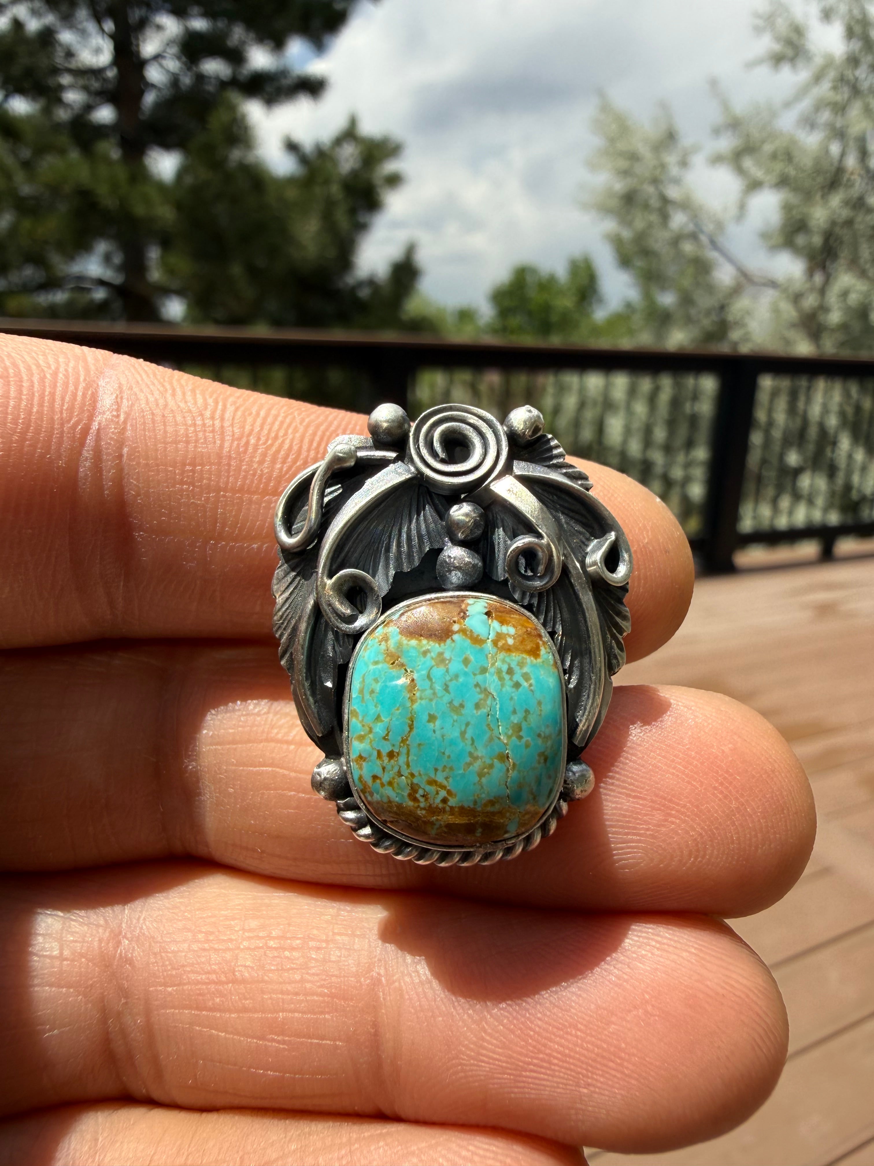 Jimmy Lee Navajo #8 Turquoise Feather Ring SZ Adjustable
