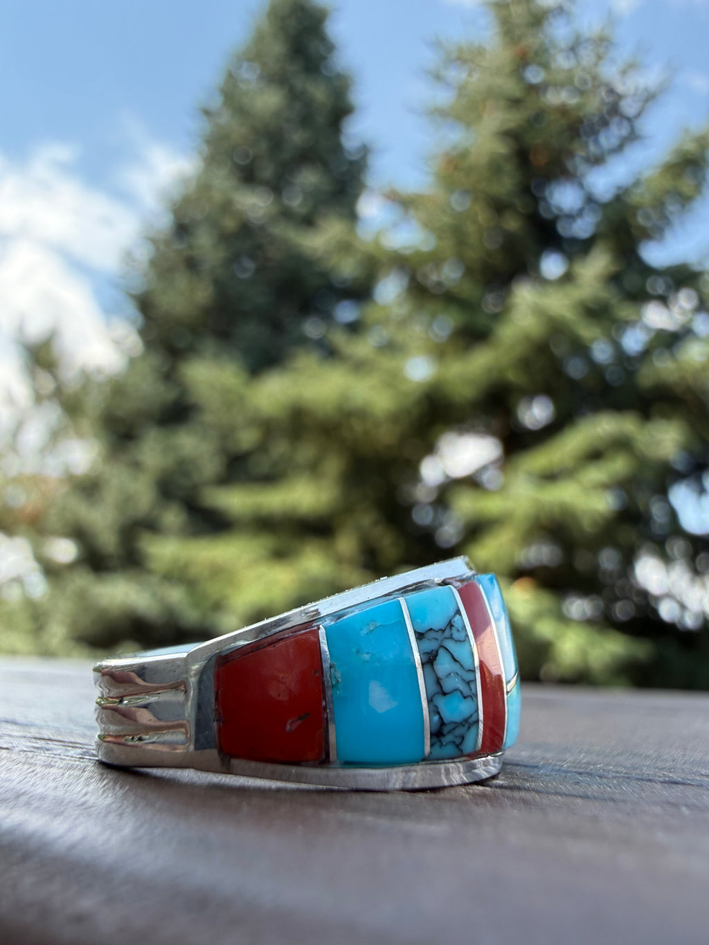 Edison Yazzie Navajo Multi Natural Gemstone Inlaid Ring Size