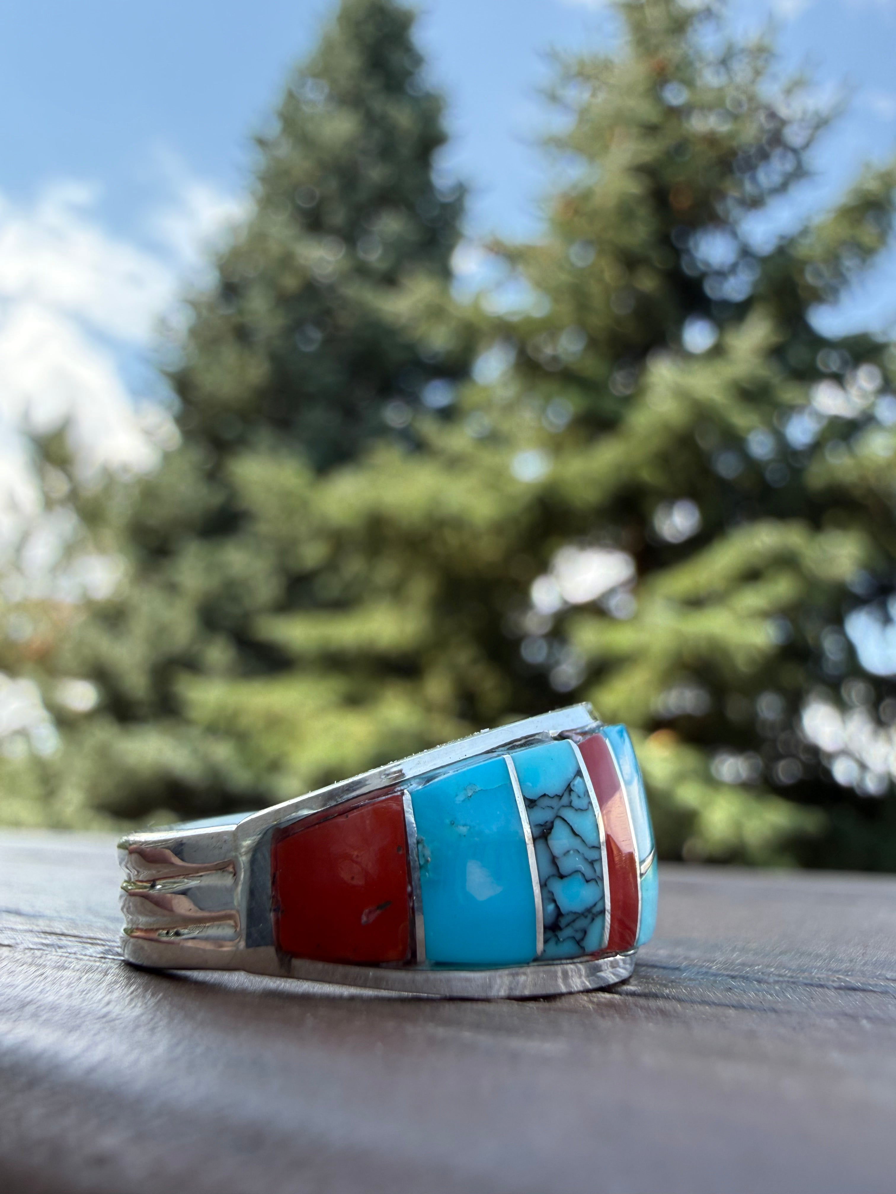 Edison Yazzie Navajo Multi Natural Gemstone Inlaid Ring Size
