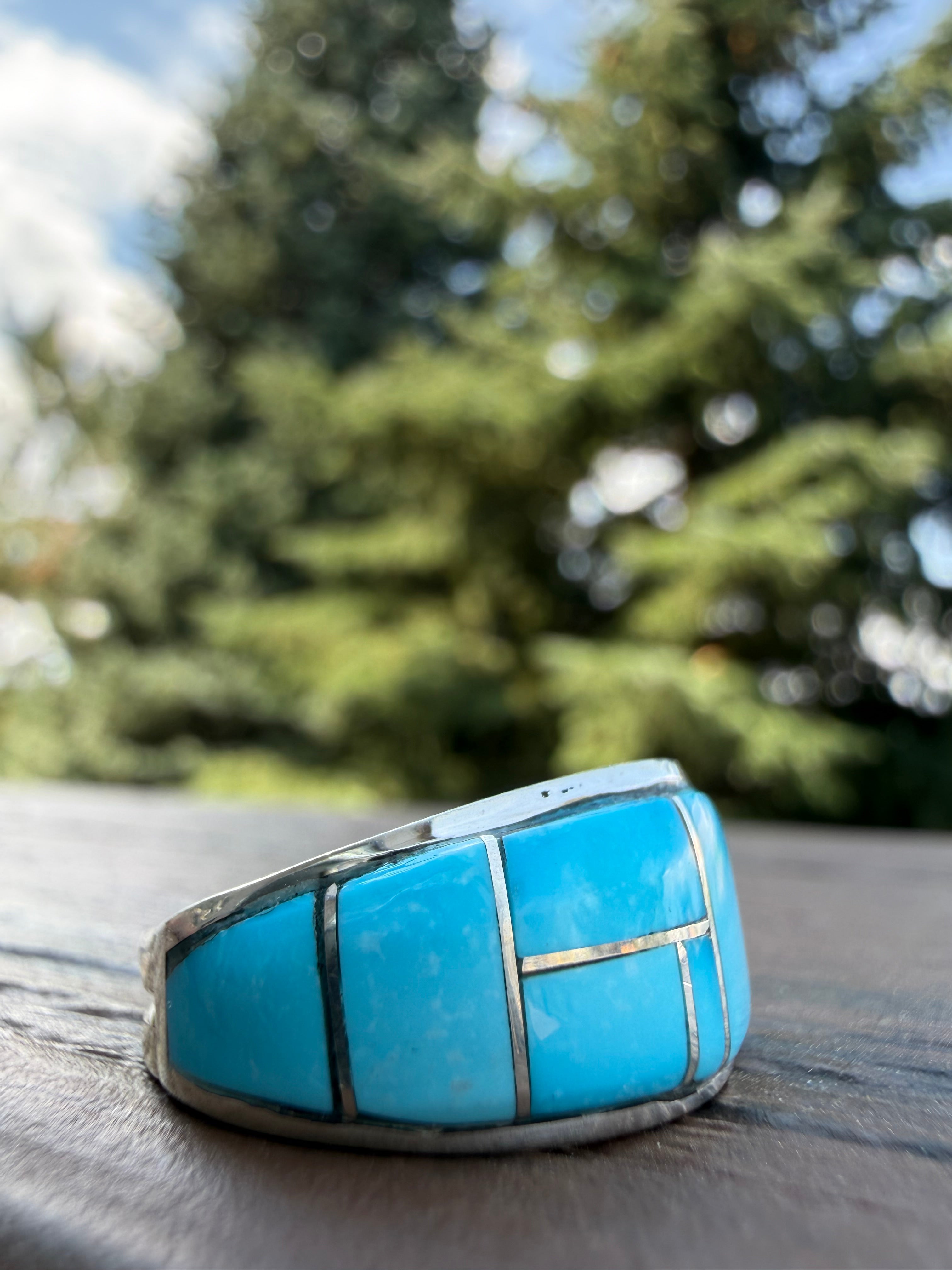 Edison Yazzie Navajo Kingman Turquoise Inlaid Ring Size