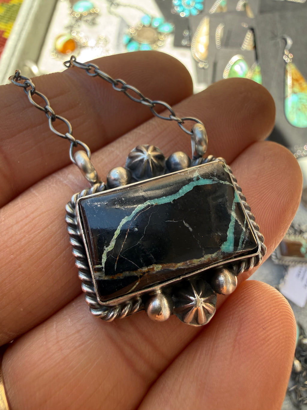 Myron Begay Navajo Nevada Blackjack Turquoise Necklace 18”