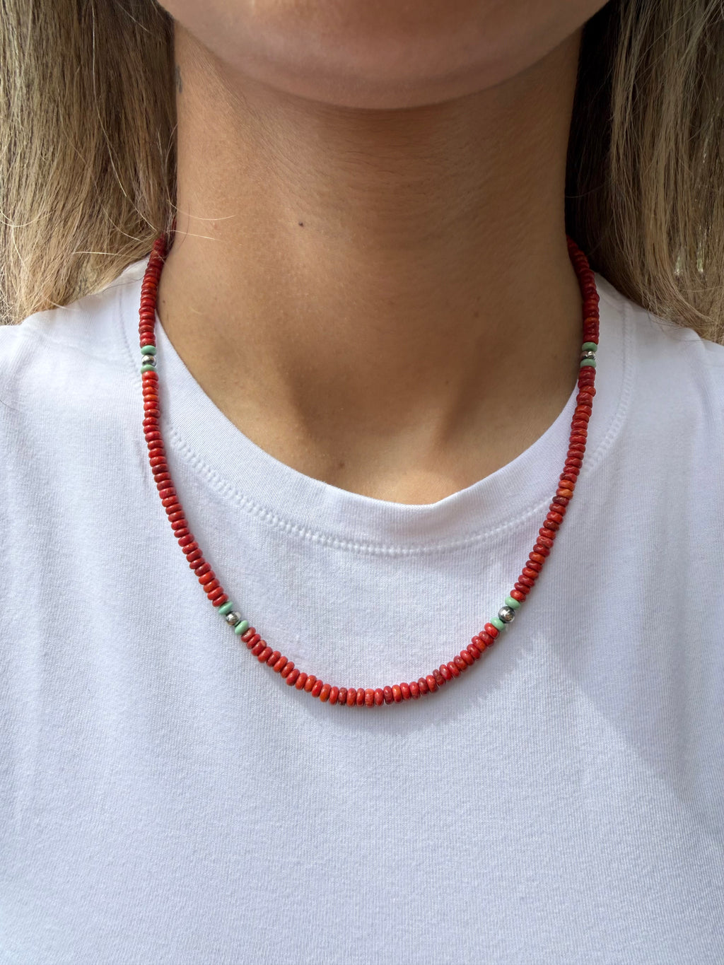 Kimberly Tom Navajo Apple Coral & Turquoise Necklace 19”
