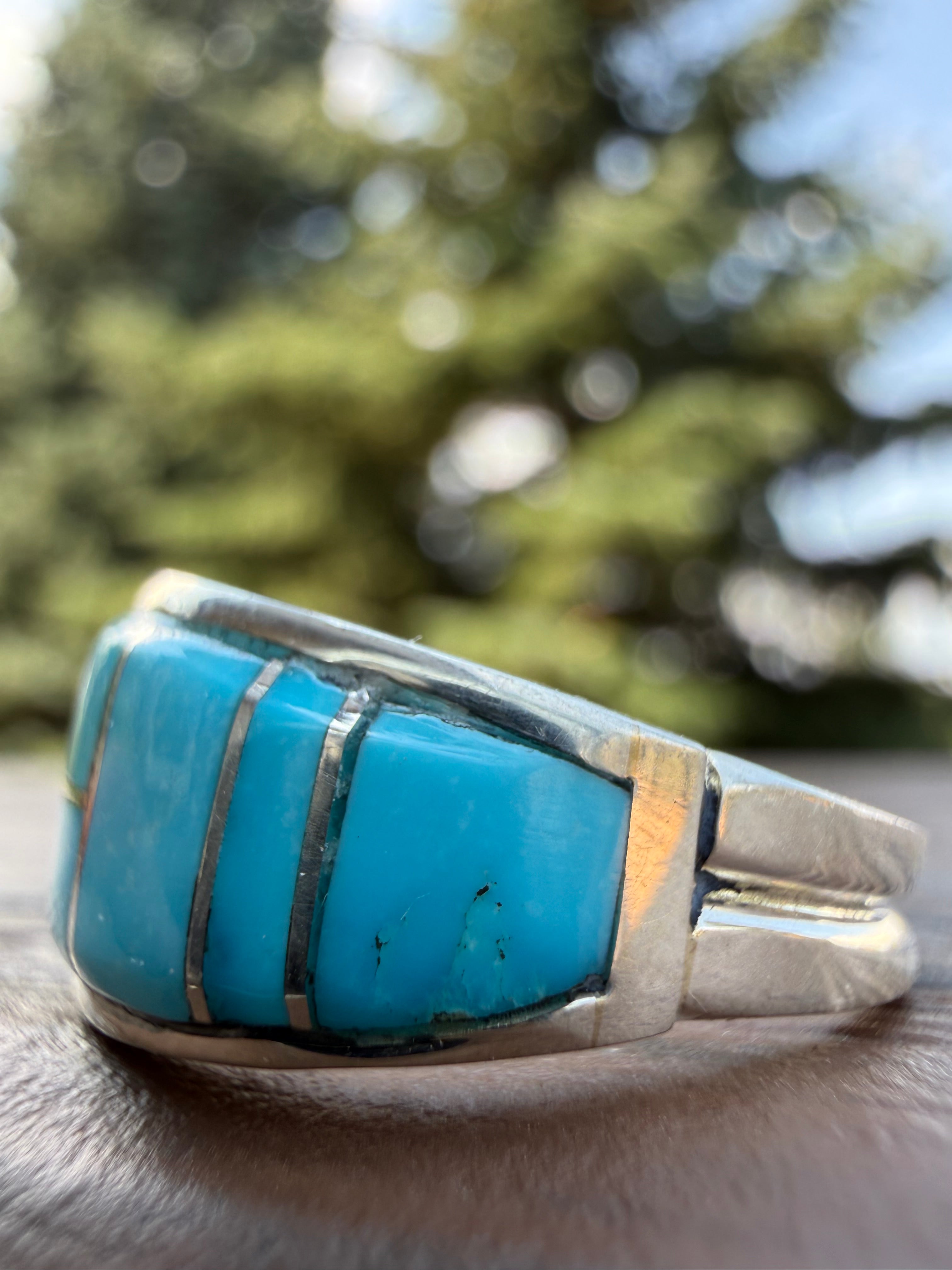 Edison Yazzie Navajo Kingman Turquoise Inlaid Ring Size