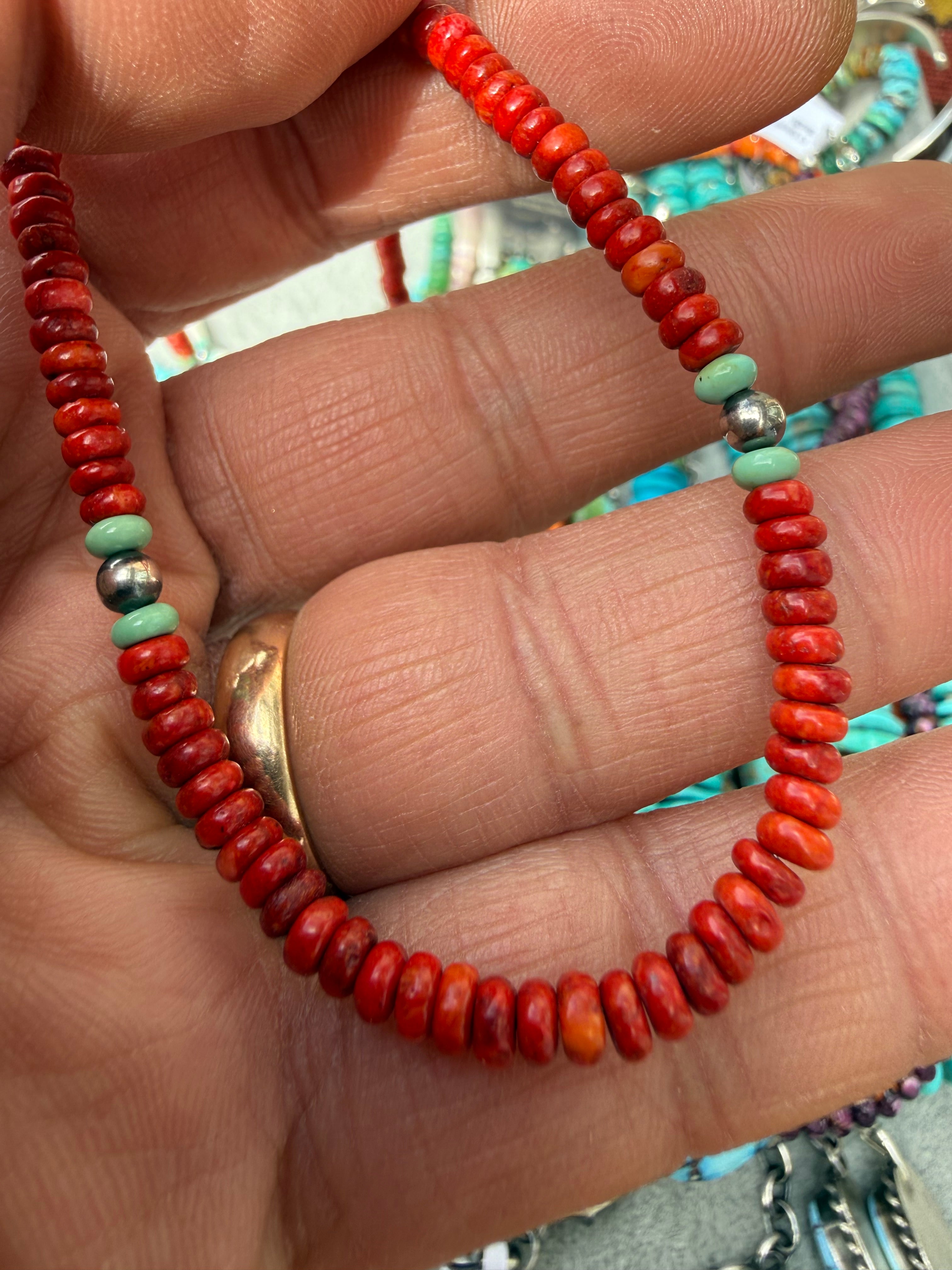 Kimberly Tom Navajo Apple Coral & Turquoise Necklace 19”
