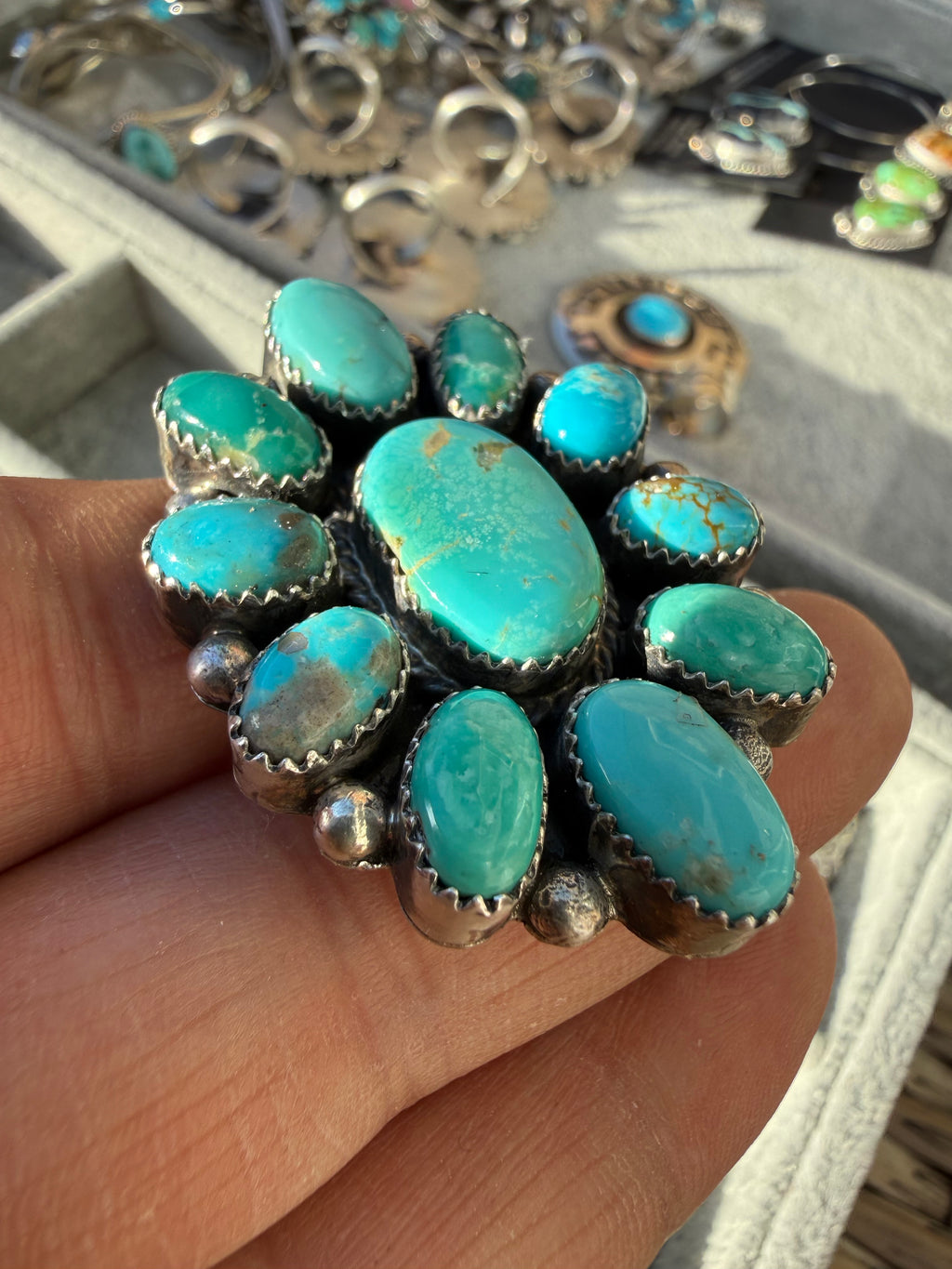 Annie Spencer Navajo Kingman Turquoise Cluster Ring Adjustable