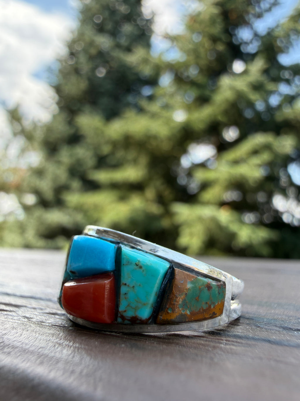 Edison Yazzie Navajo Multi Natural Gemstone Inlaid Ring Size
