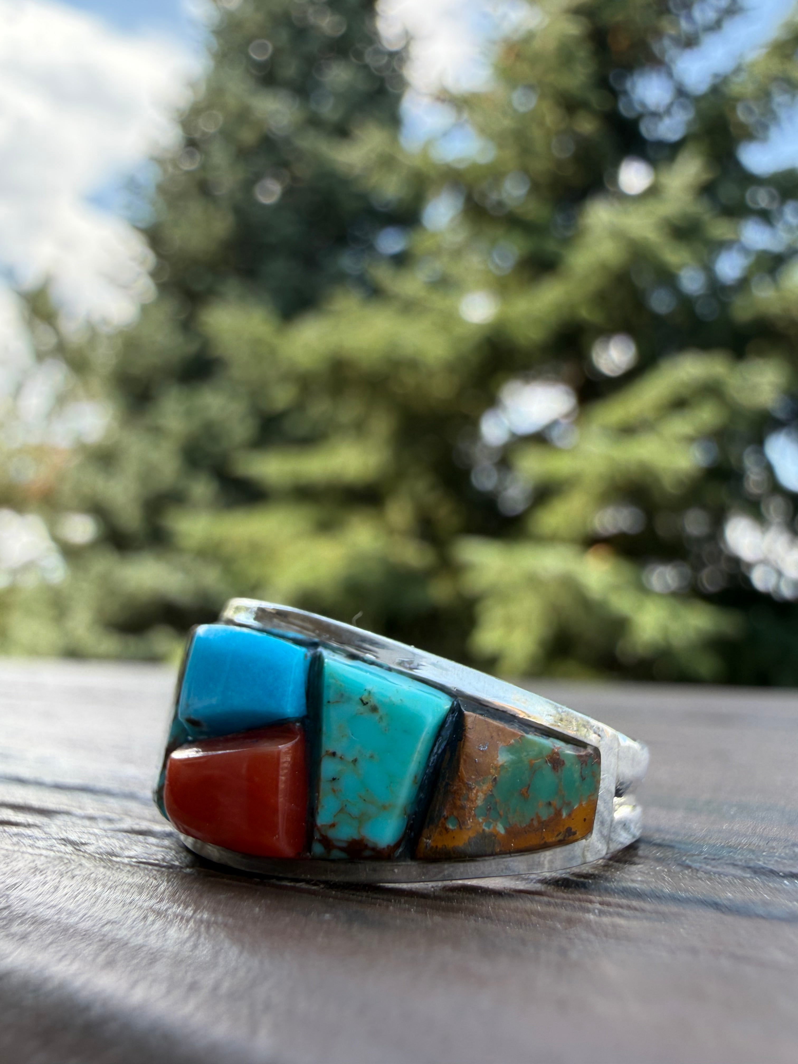 Edison Yazzie Navajo Multi Natural Gemstone Inlaid Ring Size