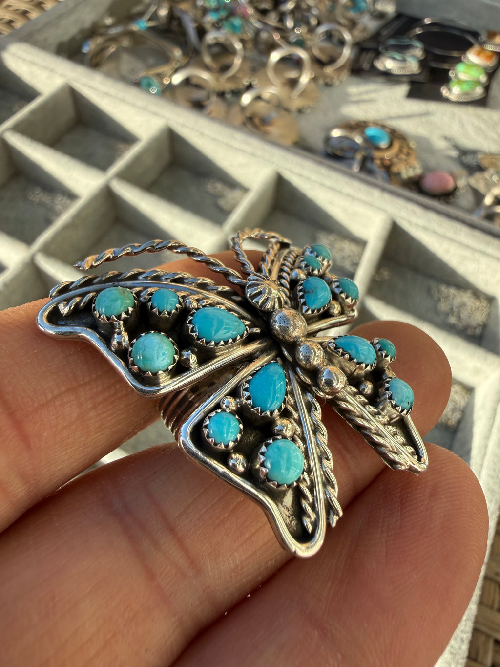 Tina Jones Navajo Kingman Turquoise Butterfly Ring Adjustable