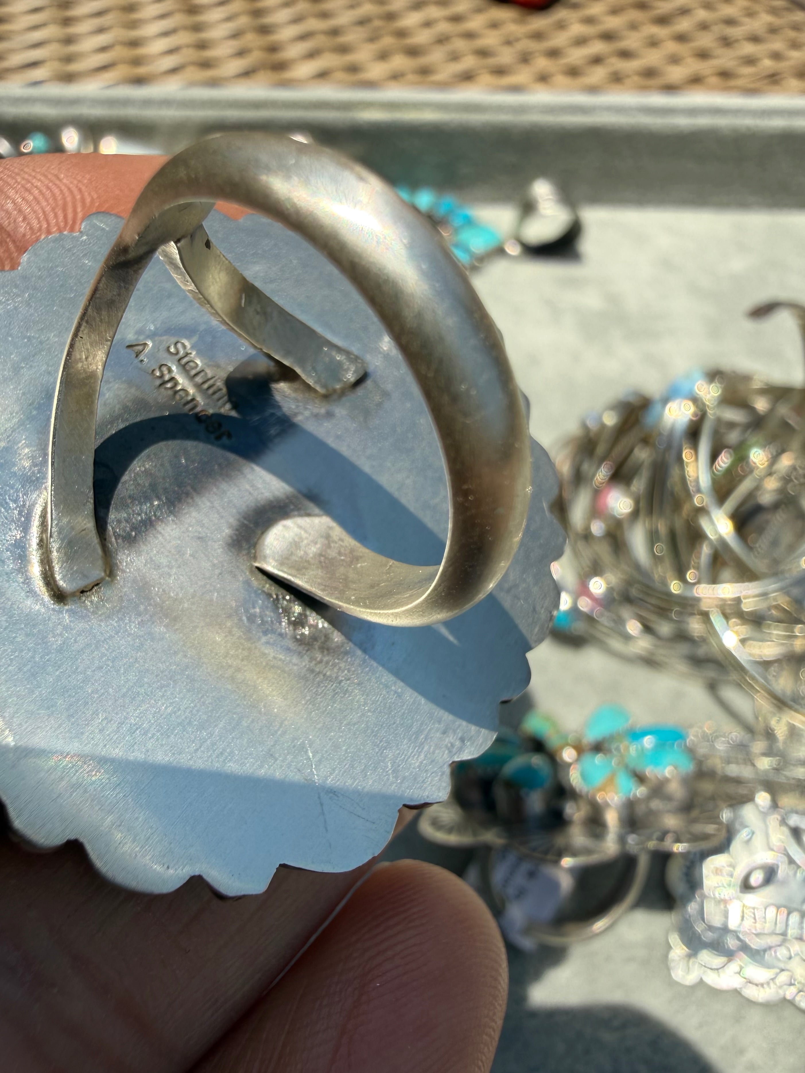 Annie Spencer Navajo Sonoran Gold Turquoise Dime Cluster Ring Size Adjustable
