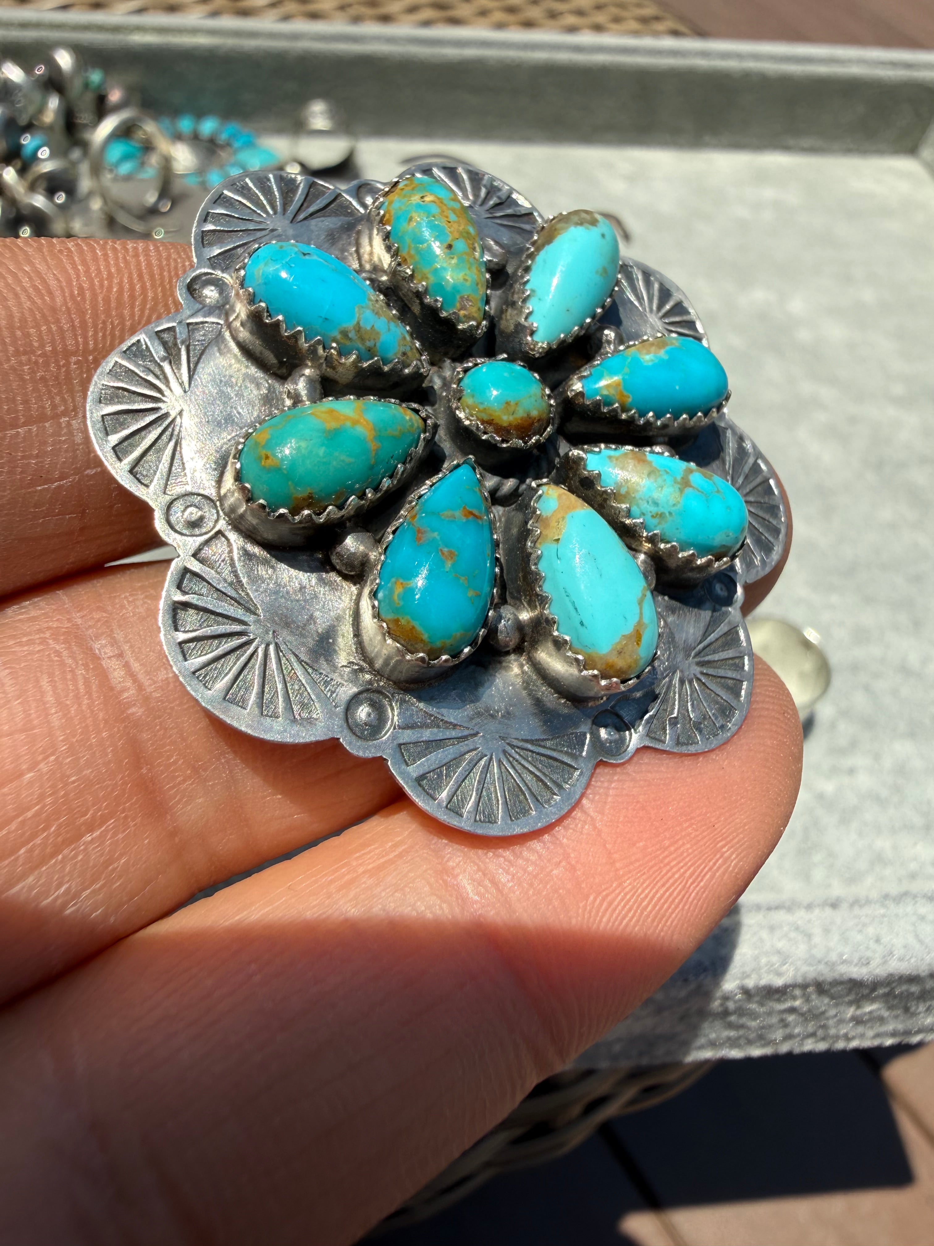 Kee Johnson Navajo Kingman Turquoise Cluster Ring Size Adjustable