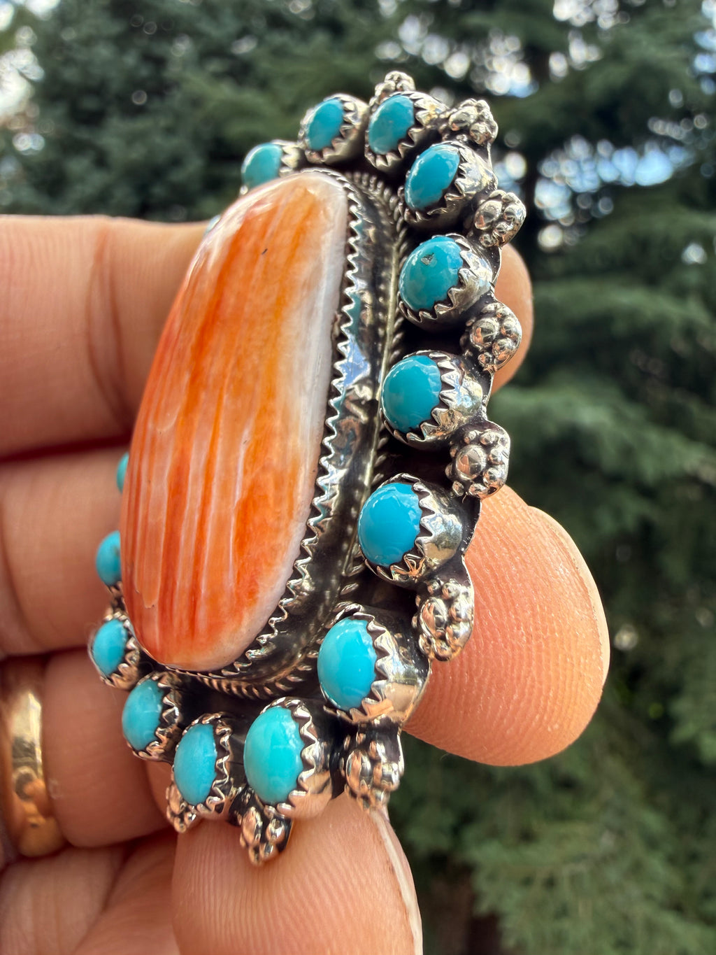 Darlene Begay Spiny Oyster Turquoise Cluster Ring Size 9