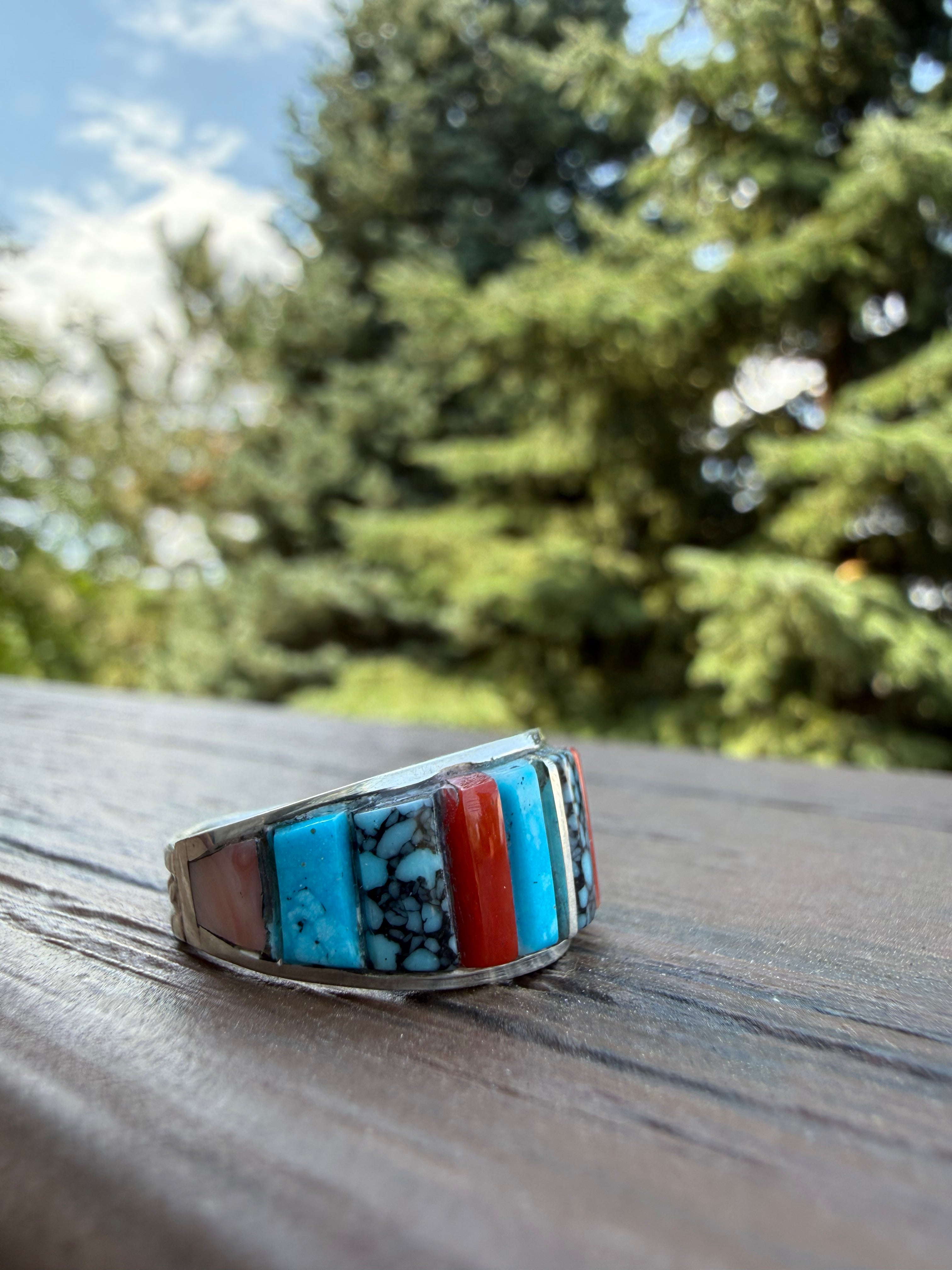 Edison Yazzie Navajo Multi Natural Gemstone Inlaid Ring Size