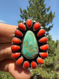 Annie Spencer Navajo Royston Turquoise & Coral Ring Size Adjustable