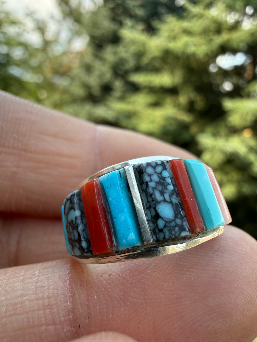Edison Yazzie Navajo Multi Natural Gemstone Inlaid Ring Size