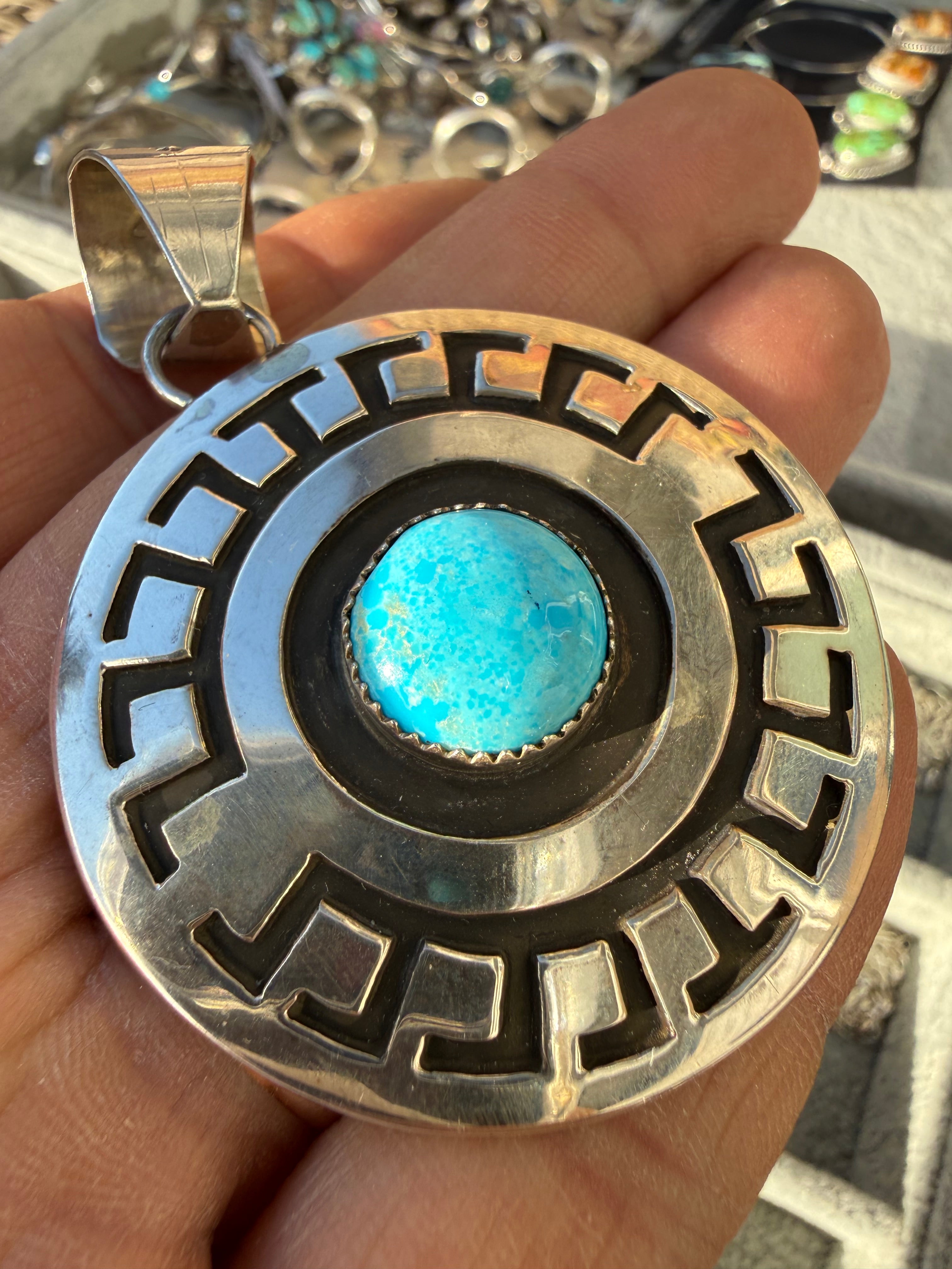 Rosco Scott Navajo Sonoran Blue Turquoise Concho Pendant